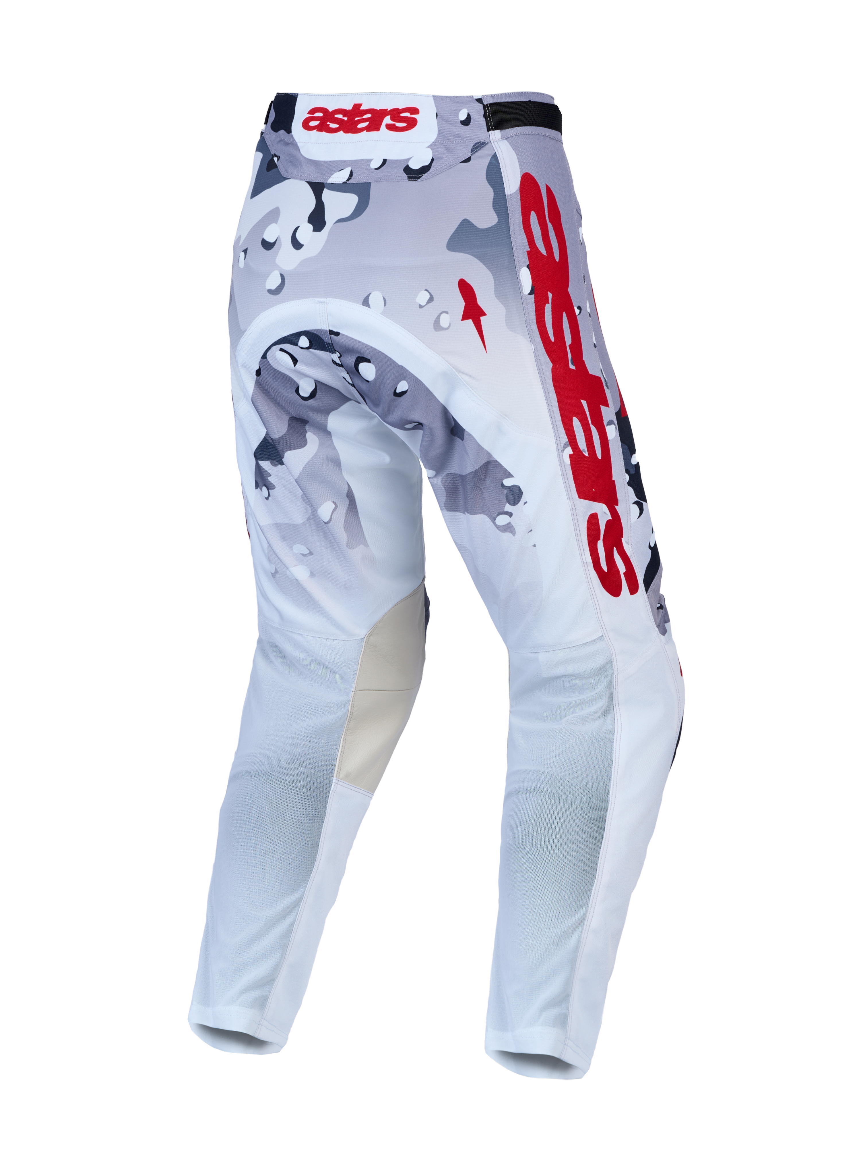 Alpinestars Racer Air Lone Pants, ventilated motocross pants in gray and white camo with red branding, back view.