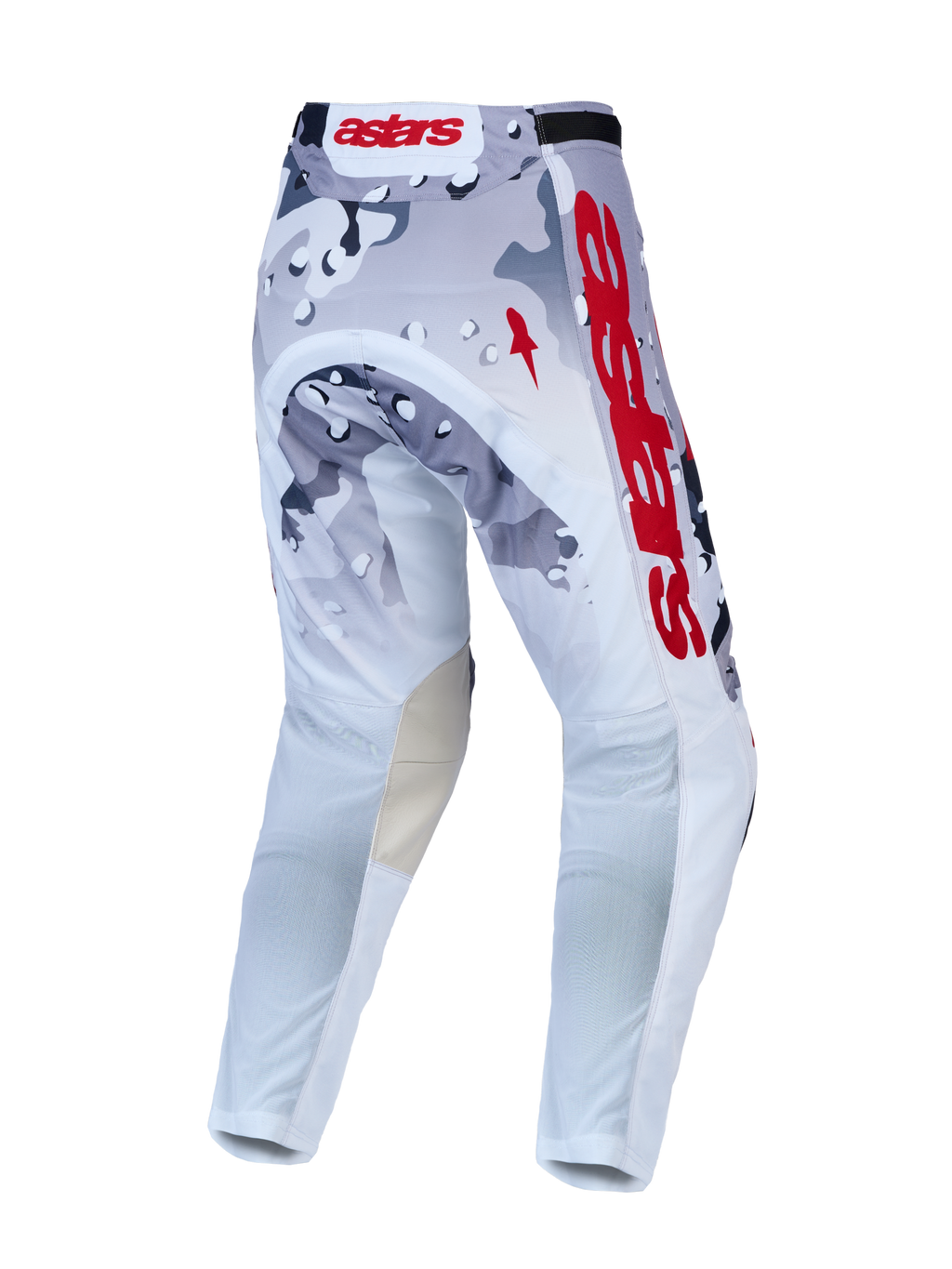 Alpinestars Racer Air Lone Broek, heren motorcrossbroek, grijs camo en wit met rood, ademend en ergonomisch.