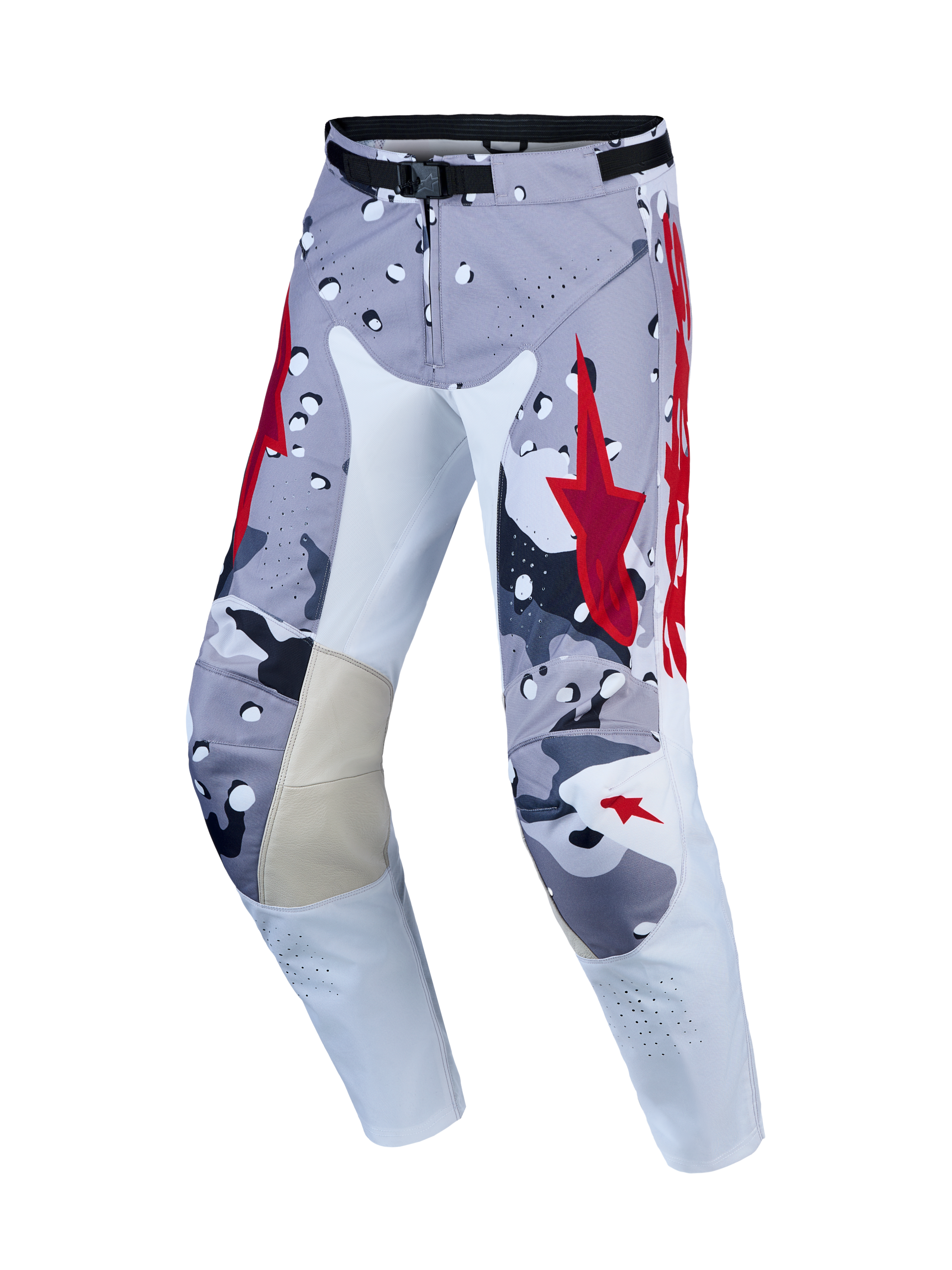 Alpinestars Racer Air Lone Pants, gray and red motocross gear with ventilated construction and ergonomic pre-curved fit.