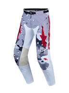 Alpinestars Racer Air Lone broek, heren motorcrossbroek in grijs camo en rood, van geperforeerde stof met leren binnenkniepanelen.