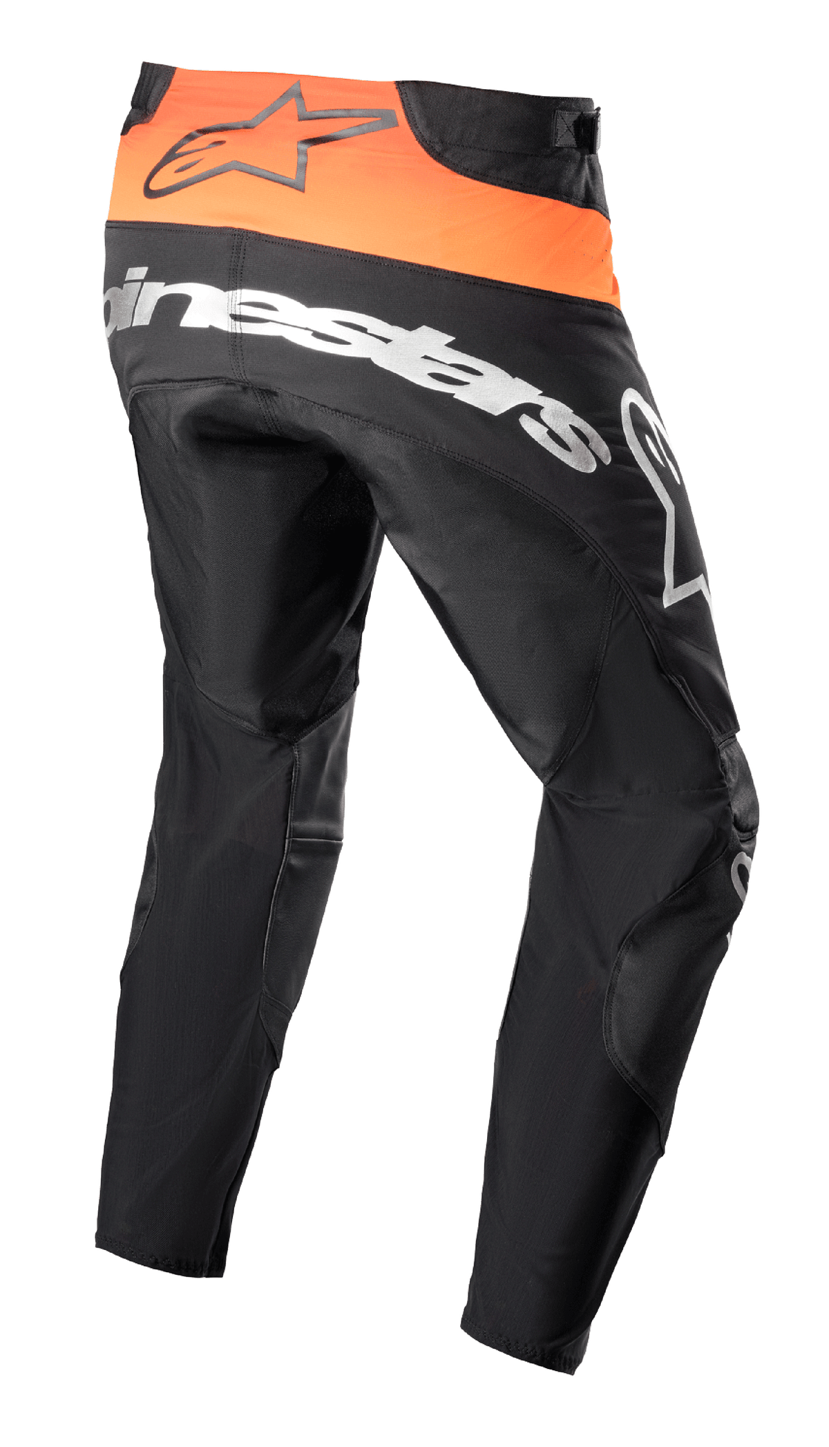 Alpinestars 2023 Techstar Sein crossbroek, motorcross broek, zwart en feloranje, achteraanzicht met feloranje taillepaneel en zwart logo, groot wit Alpinestars-logo op het zitvlak, versterkte textielconstructie voor off-road racing