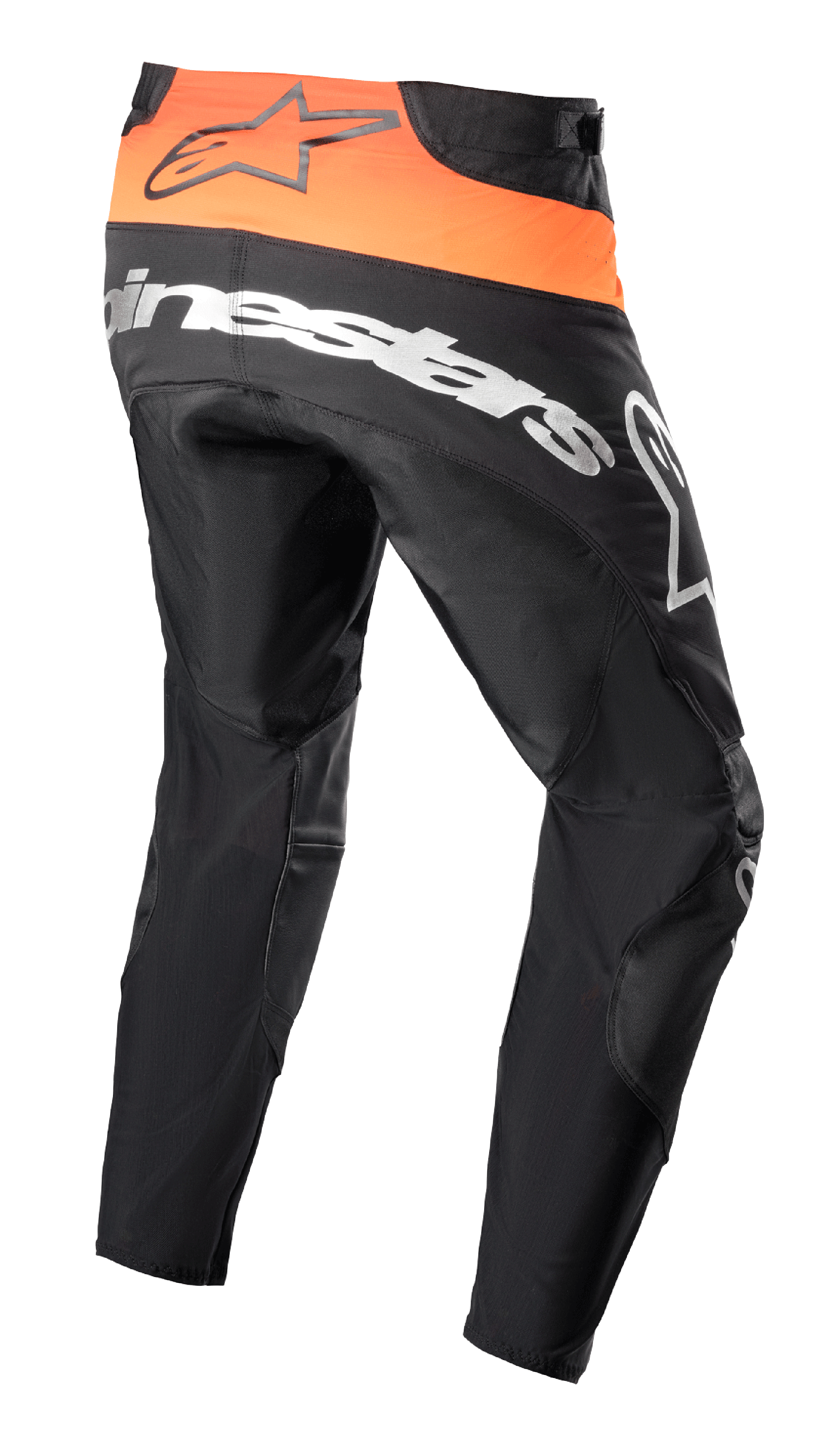 Alpinestars 2023 Techstar Sein crossbroek, motorcross broek, zwart en feloranje, achteraanzicht met feloranje taillepaneel en zwart logo, groot wit Alpinestars-logo op het zitvlak, versterkte textielconstructie voor off-road racing