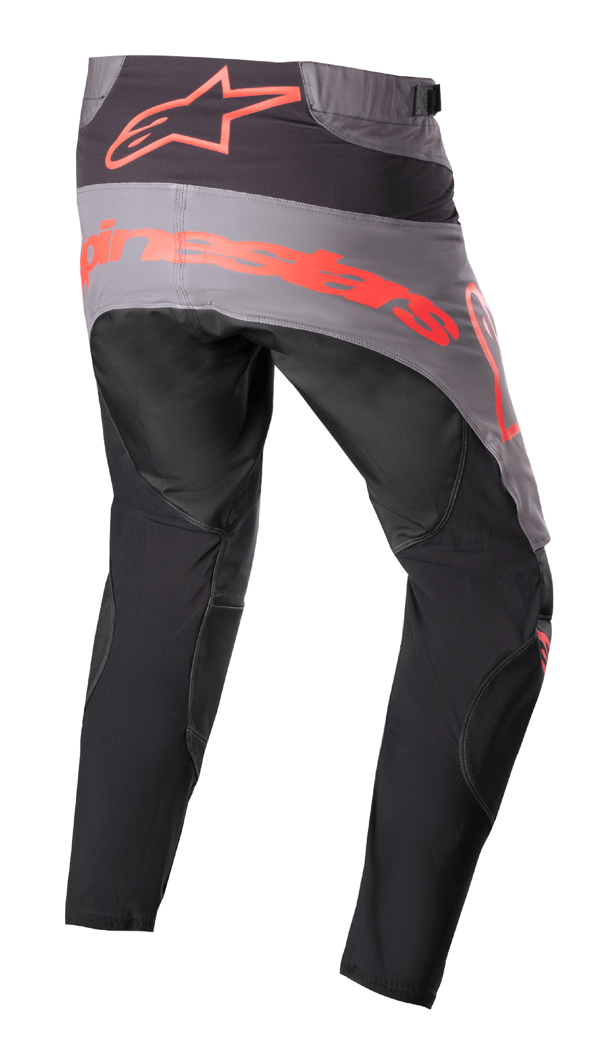 Alpinestars 2023 Techstar Sein broek, motorcrossbroek, zwart en neonrood, achteraanzicht met grijs zitvlak en groot neonrood logo, ergonomisch voorgevormde pijpen en duurzame textielconstructie voor off-road prestaties