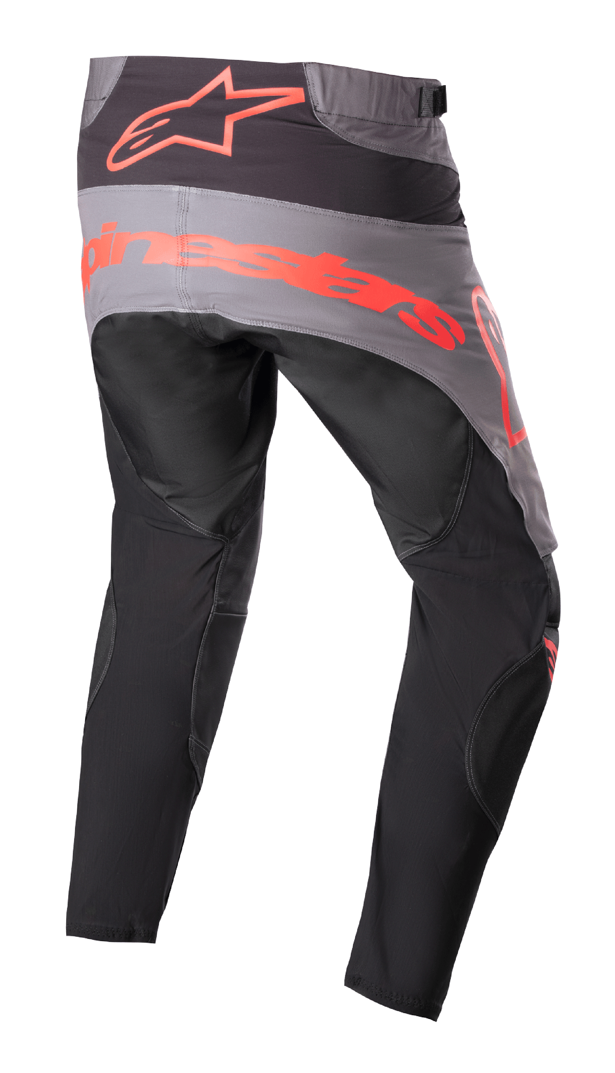 Alpinestars 2023 Techstar Sein broek, motorcrossbroek, zwart en neonrood, achteraanzicht met grijs zitvlak en groot neonrood logo, ergonomisch voorgevormde pijpen en duurzame textielconstructie voor off-road prestaties