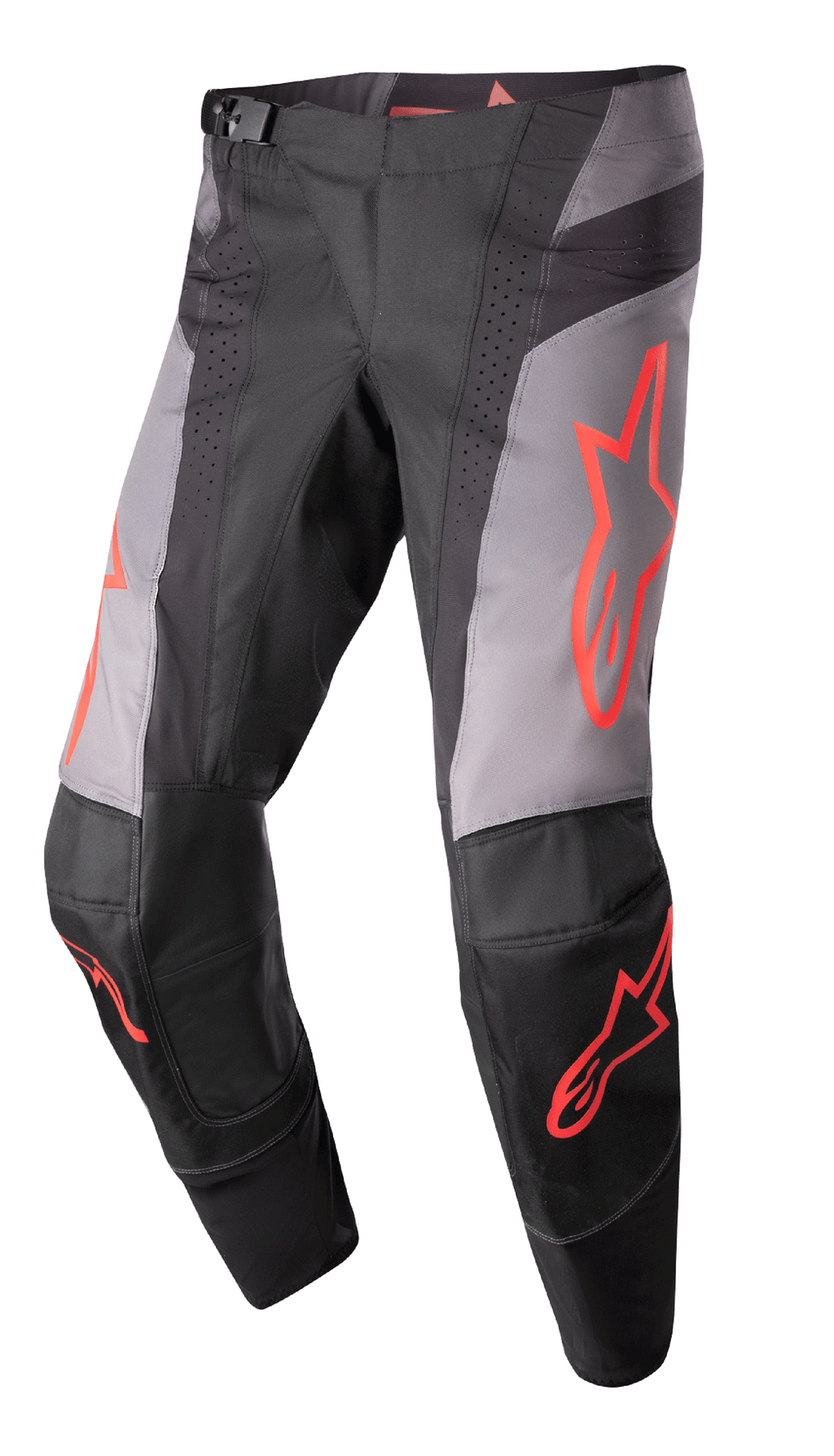Alpinestars 2023 Techstar Sein broek, motorcross crossbroek, zwart en grijs met neonrode ster-graphics, geperforeerde ventilatiezones, magnetische taillegesp en versterkte 3D Babel-knieconstructie voor off-road prestaties