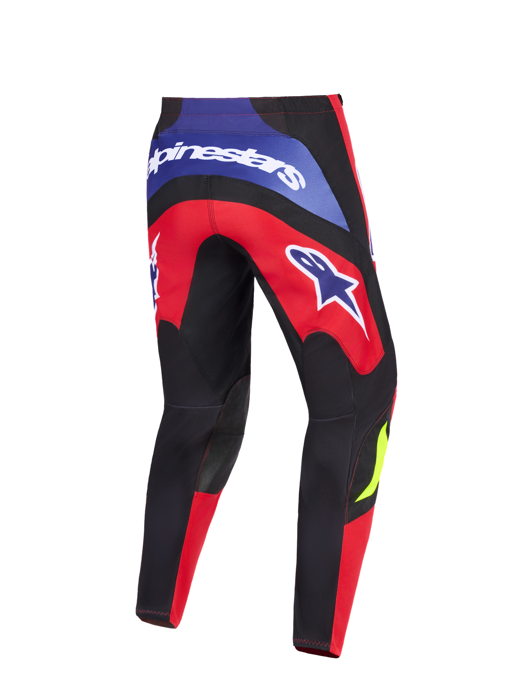 Alpinestars 2026 Fluid Grid broek, motorcrossbroek, rood, zwart en paars, achteraanzicht met opvallende Alpinestars-branding op het achterpand en de dijen, versterkte zwarte kniepanelen en ergonomisch sport-fit ontwerp voor off-road rijden