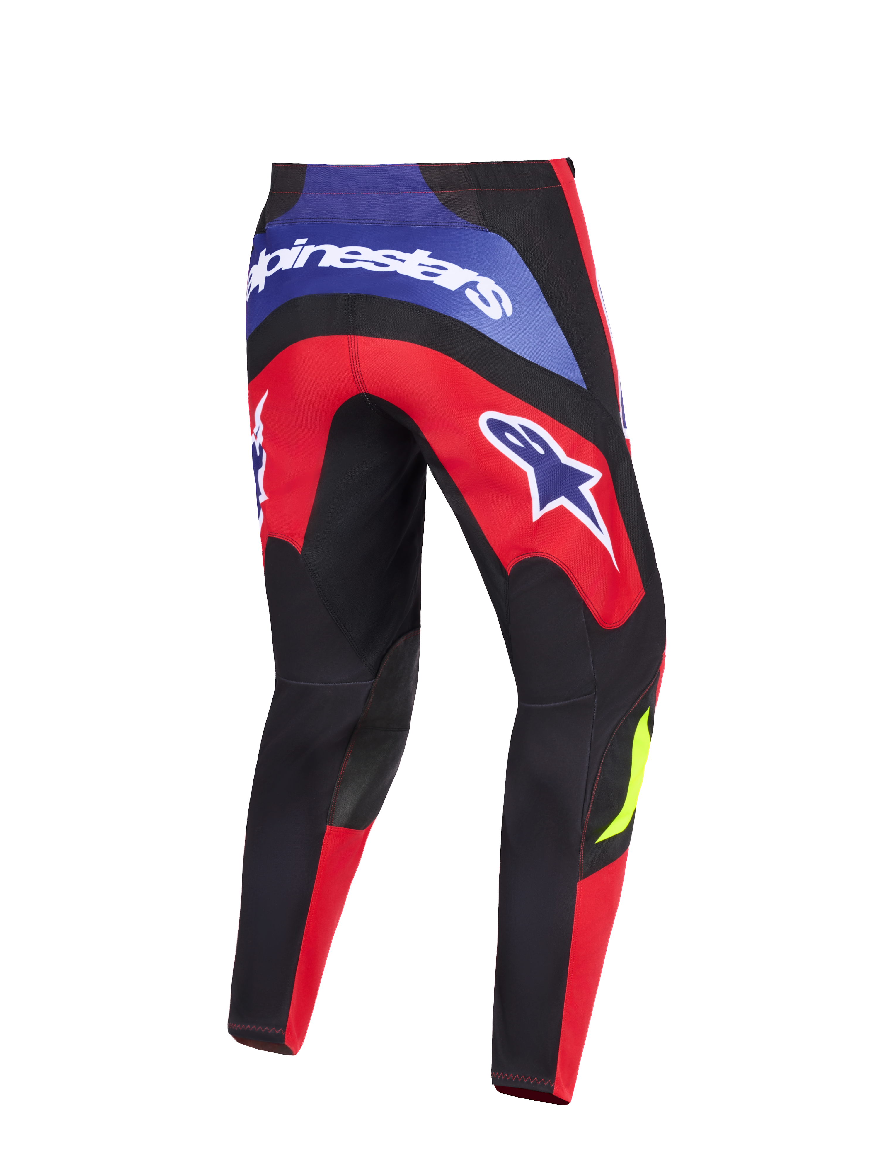 Alpinestars 2026 Fluid Grid broek, motorcrossbroek, rood, zwart en paars, achteraanzicht met opvallende Alpinestars-branding op het achterpand en de dijen, versterkte zwarte kniepanelen en ergonomisch sport-fit ontwerp voor off-road rijden