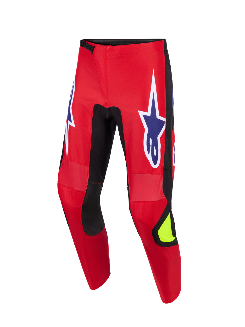 Alpinestars 2026 Fluid Grid broek, motorcross broek, rood, zwart en paars, voorzien van grote paarse sterlogo's met witte contouren op de dijen, zwarte stretchpanelen aan de binnenkant van de benen, neongeel accent op het scheenbeen, duurzame poly-stof constructie voor off-road rijden