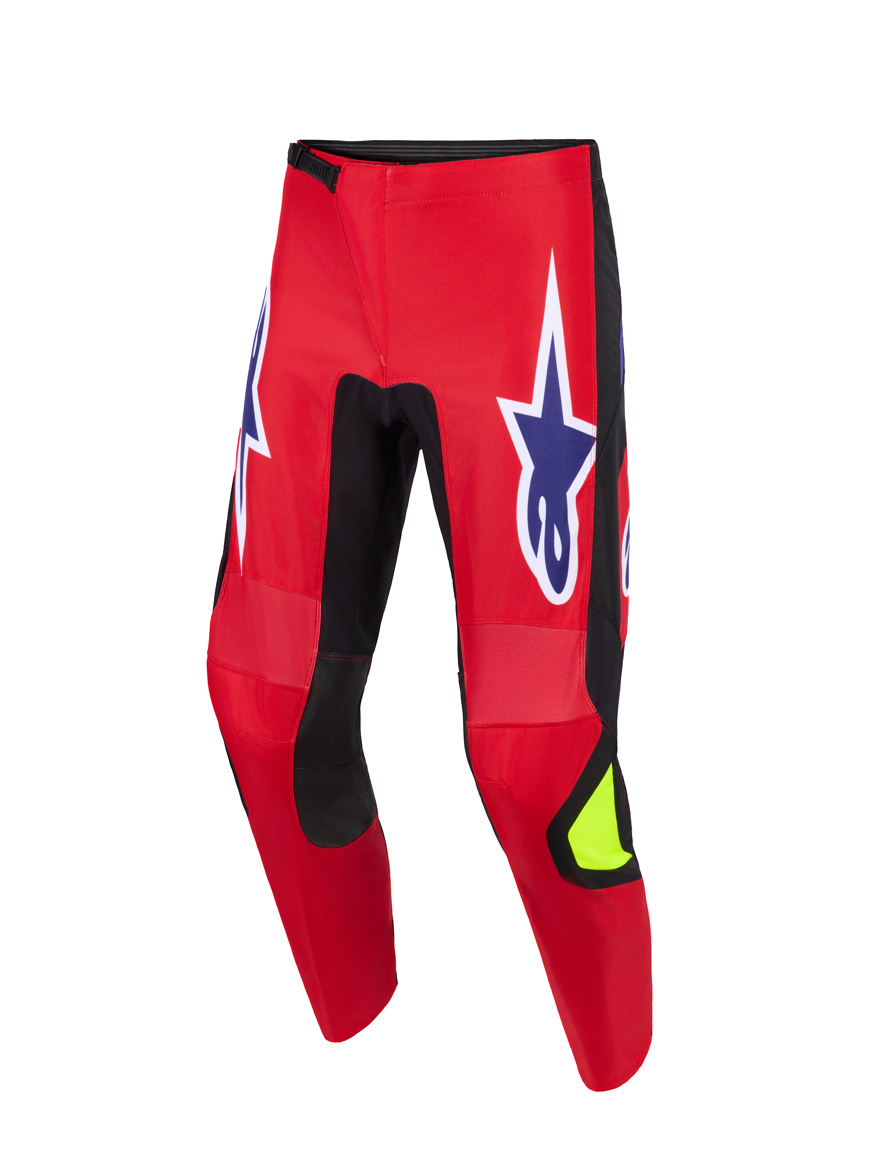 Alpinestars 2026 Fluid Grid broek, motorcross broek, rood, zwart en paars, voorzien van grote paarse sterlogo's met witte contouren op de dijen, zwarte stretchpanelen aan de binnenkant van de benen, neongeel accent op het scheenbeen, duurzame poly-stof constructie voor off-road rijden