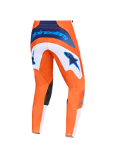 Alpinestars 2026 Fluid Grid Pants, Motocross Pants, Orange and UCLA Blue, back view featuring white panels with blue star logos, navy blue waist branding, and black inner knee patches, durable design for off-road racing