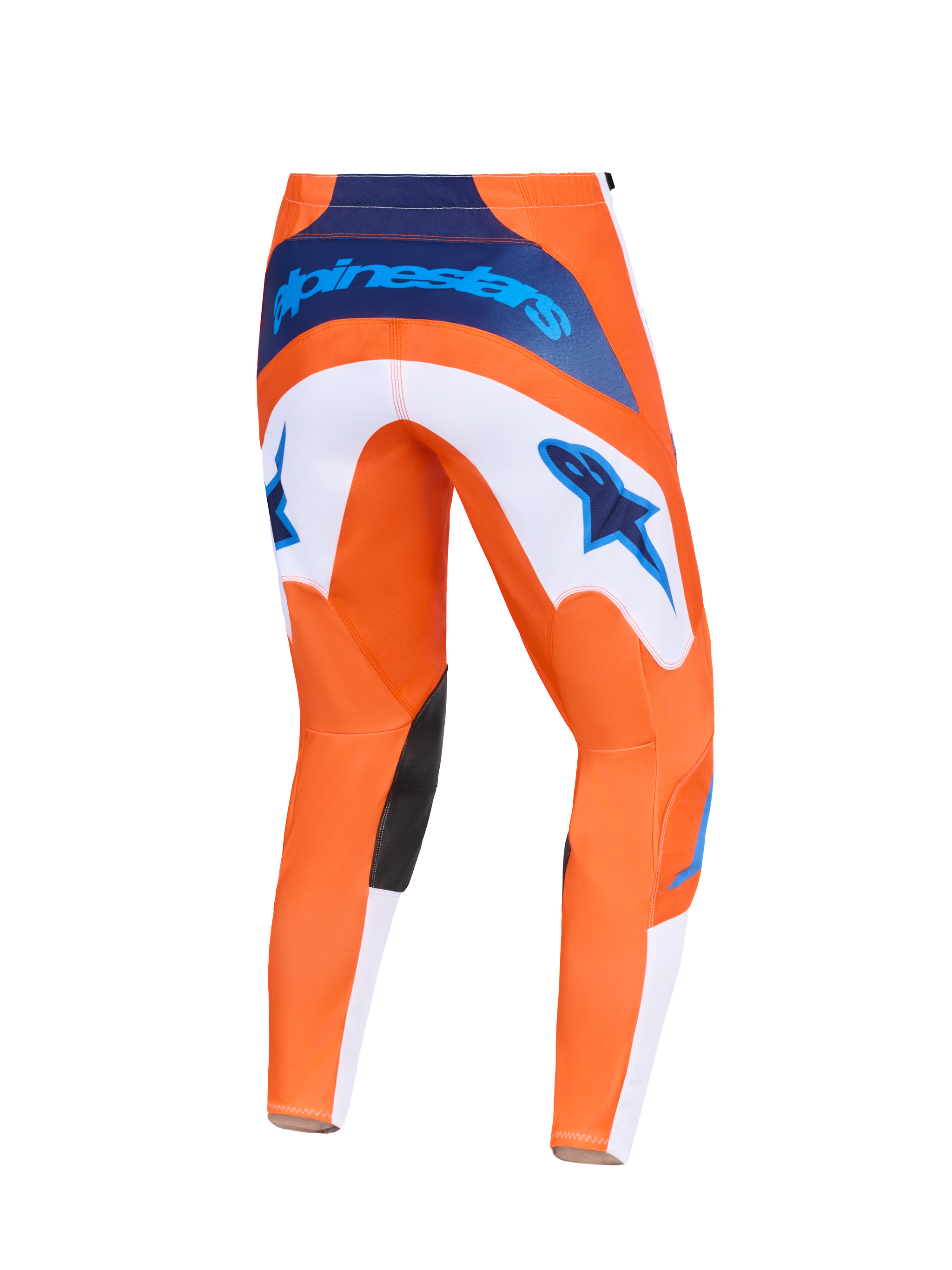 Alpinestars 2026 Fluid Grid Pants, Motocross Pants, Orange and UCLA Blue, back view featuring white panels with blue star logos, navy blue waist branding, and black inner knee patches, durable design for off-road racing