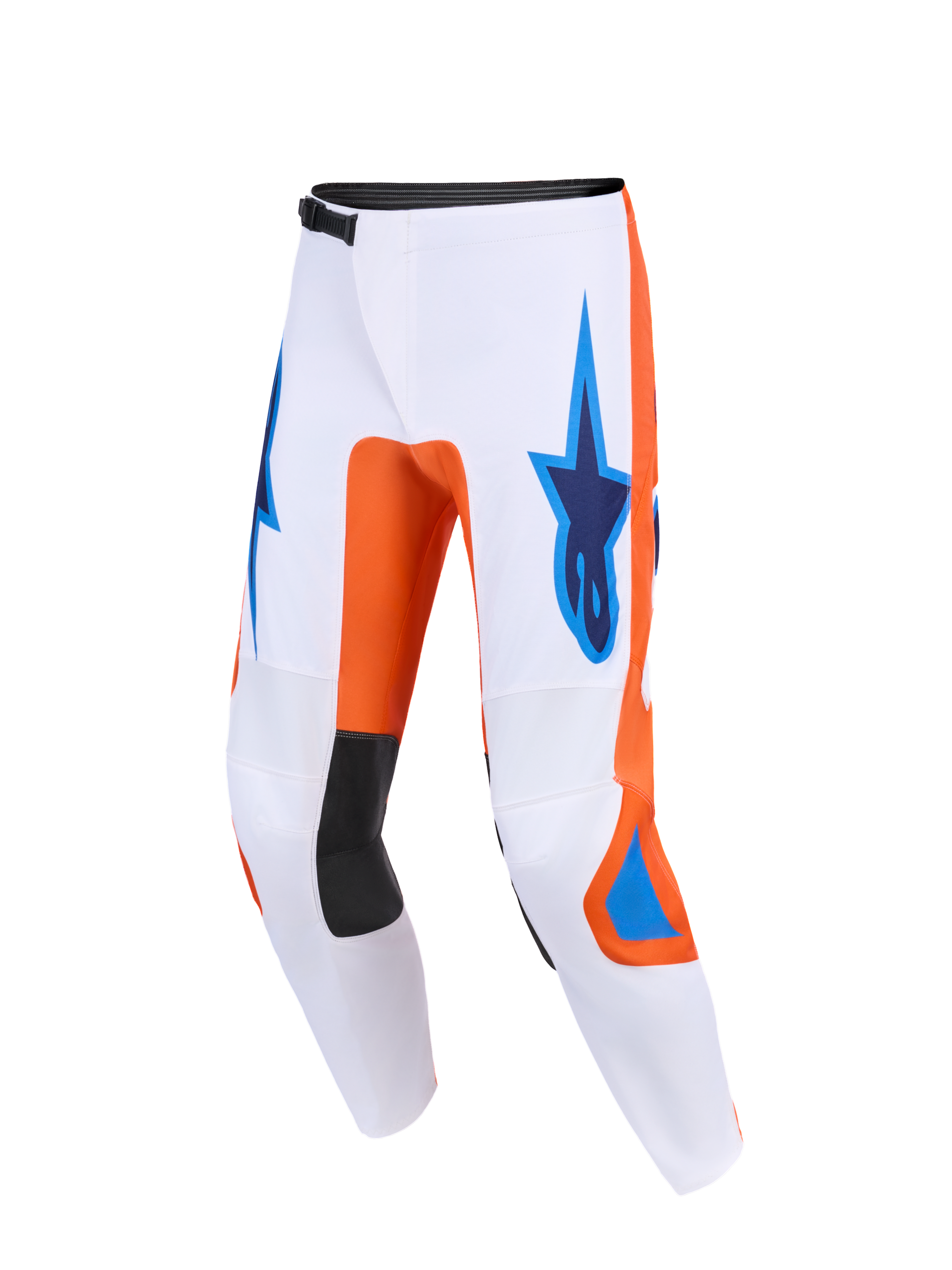 Alpinestars 2026 Fluid Grid Pants, Motocross Pants, White with Orange and UCLA Blue accents, featuring blue Astars logos on the thighs, black inner knee panels, and a technical ergonomic design for off-road performance.