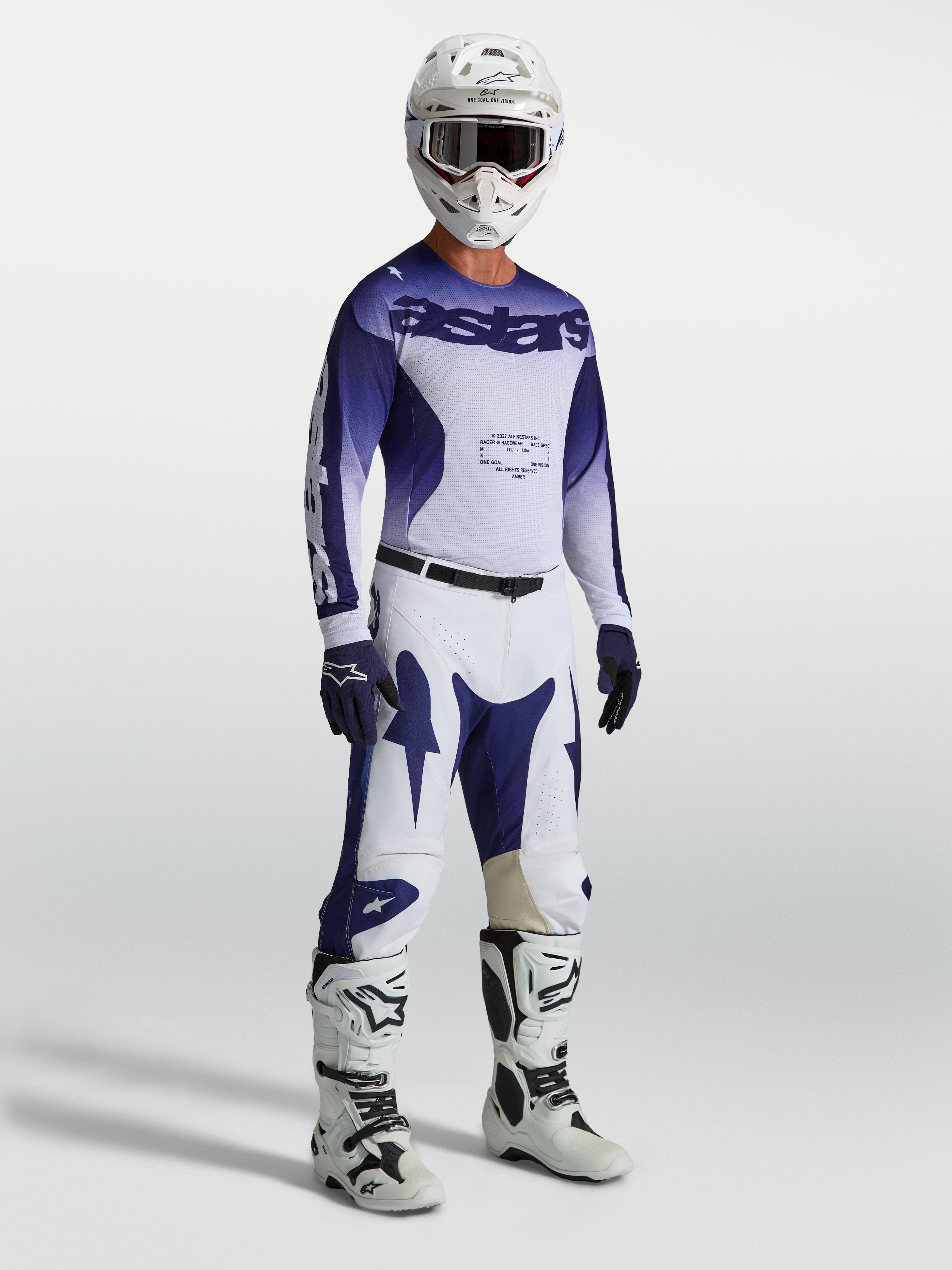 Alpinestars Racer Air Amber Pants, blue and white motocross pants on-model with matching jersey, boots, and helmet.
