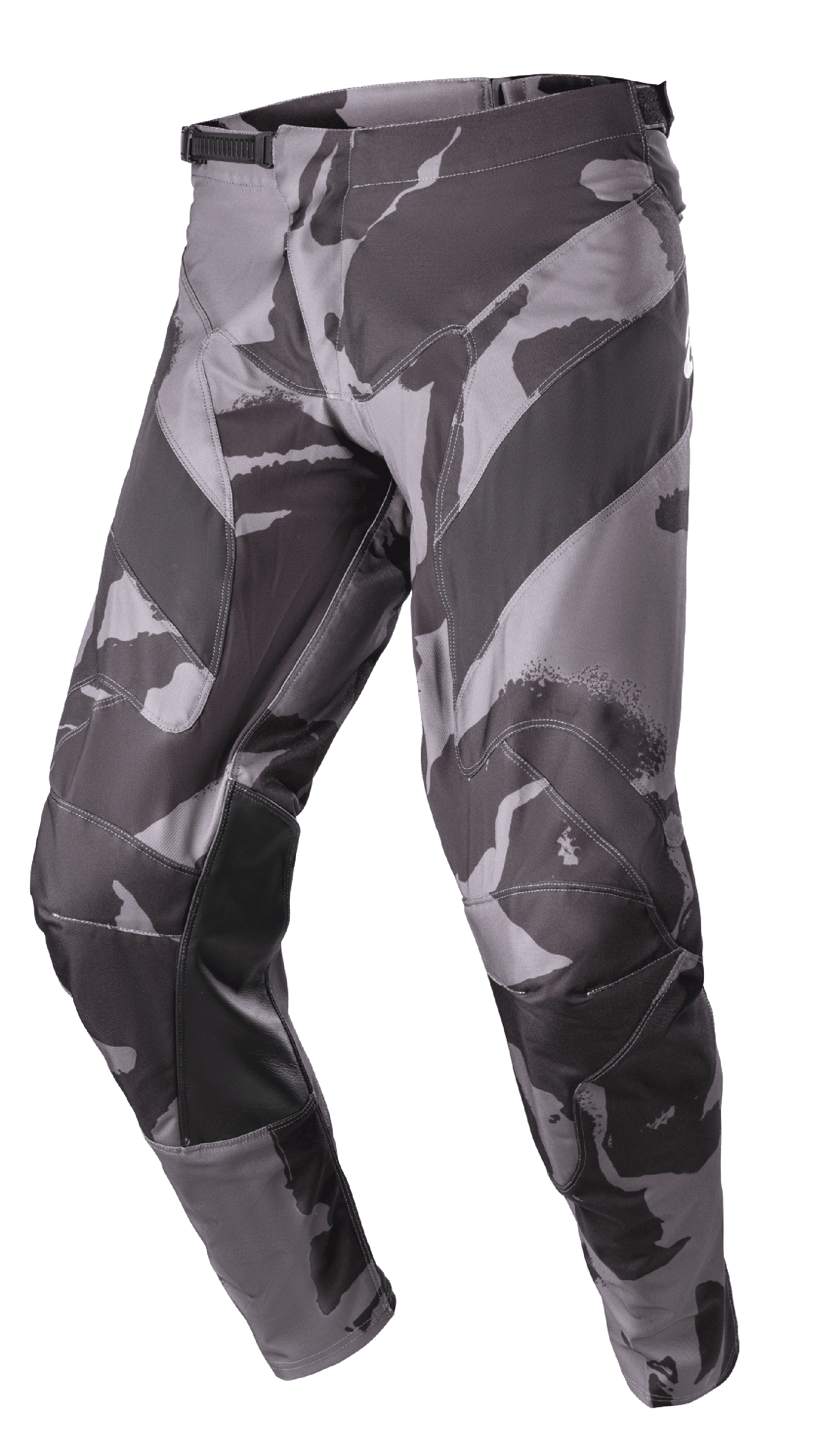 Alpinestars 2023 Racer Tactical Pants, motorcrossbroek, grijs en zwart camouflagepatroon, met leer versterkte binnenkant van de benen, ratelsluiting in de taille, duurzame constructie van 600D poly-stof