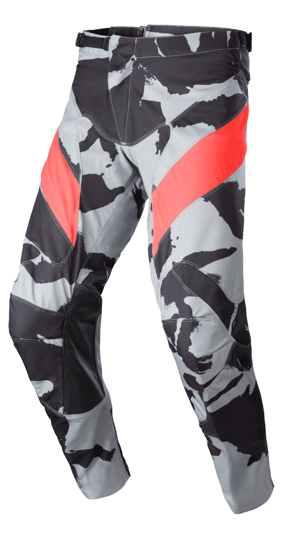 Alpinestars 2023 Racer Tactical Pants, motorcrossbroek, grijs camouflagepatroon met zwarte en Mars Red diagonale accenten, met leer versterkte binnenbeenpanelen, ratelsluiting in de taille, ergonomisch voorgevormd ontwerp voor off-road rijden