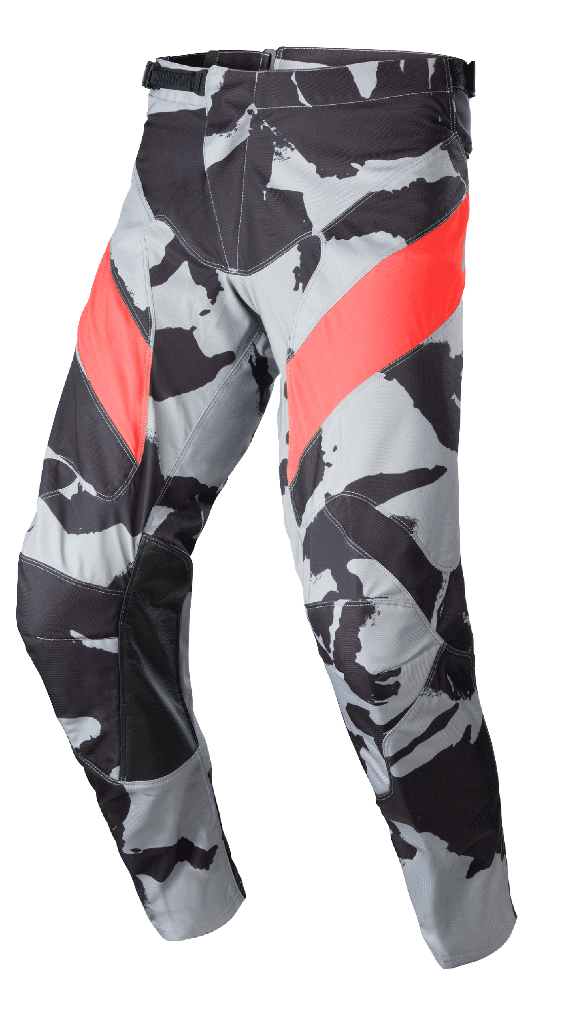Alpinestars 2023 Racer Tactical Pants, motorcrossbroek, grijs camouflagepatroon met zwarte en Mars Red diagonale accenten, met leer versterkte binnenbeenpanelen, ratelsluiting in de taille, ergonomisch voorgevormd ontwerp voor off-road rijden