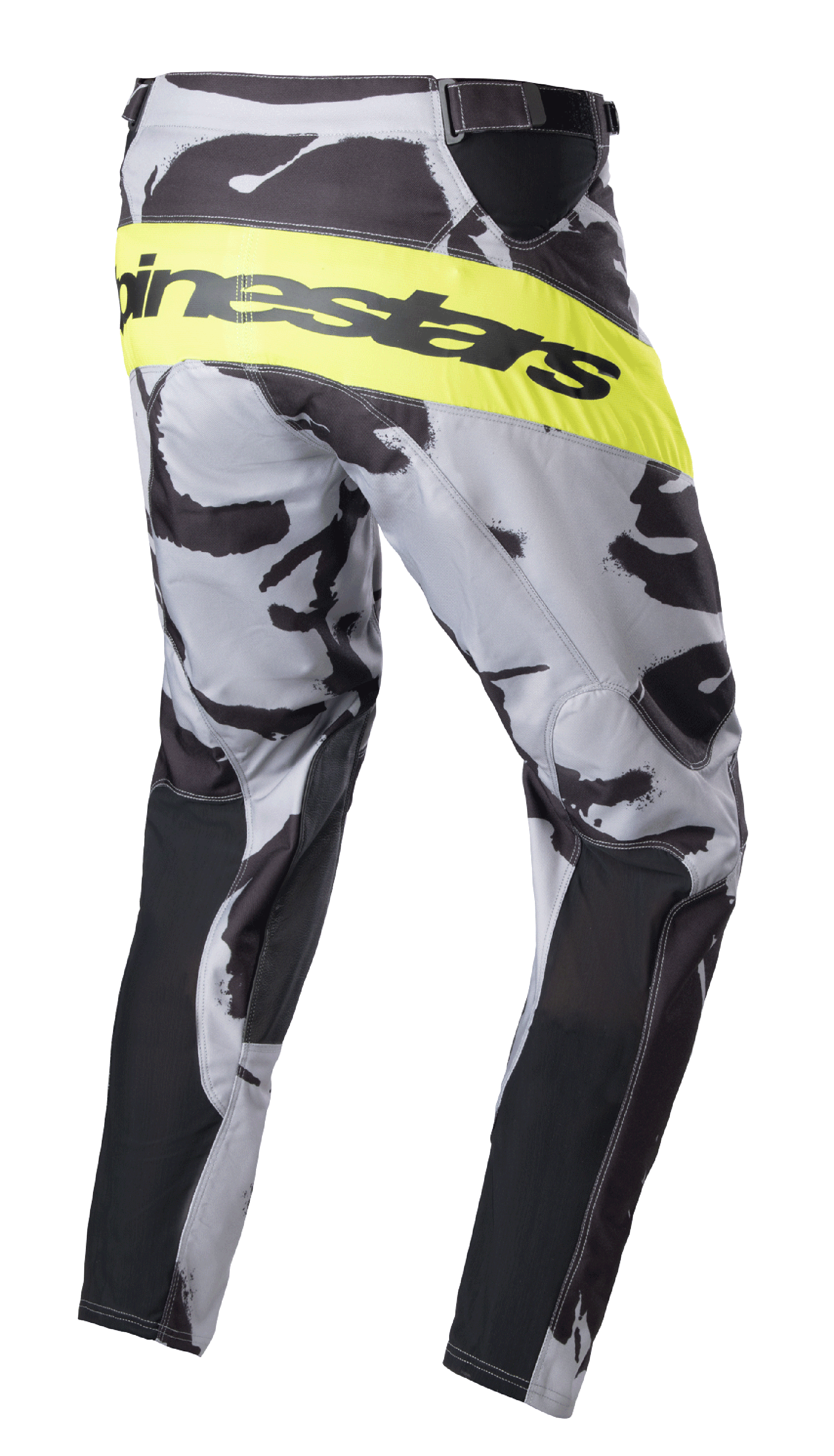 Alpinestars 2023 Racer Tactical broek, motorcrossbroek, Cast Gray Camo en Yellow Fluo, achteraanzicht met een felgele fluorescerende band met zwart Alpinestars-logo, camouflagepatroon met zwarte binnenbeenpanelen, hoogwaardige off-road uitrusting