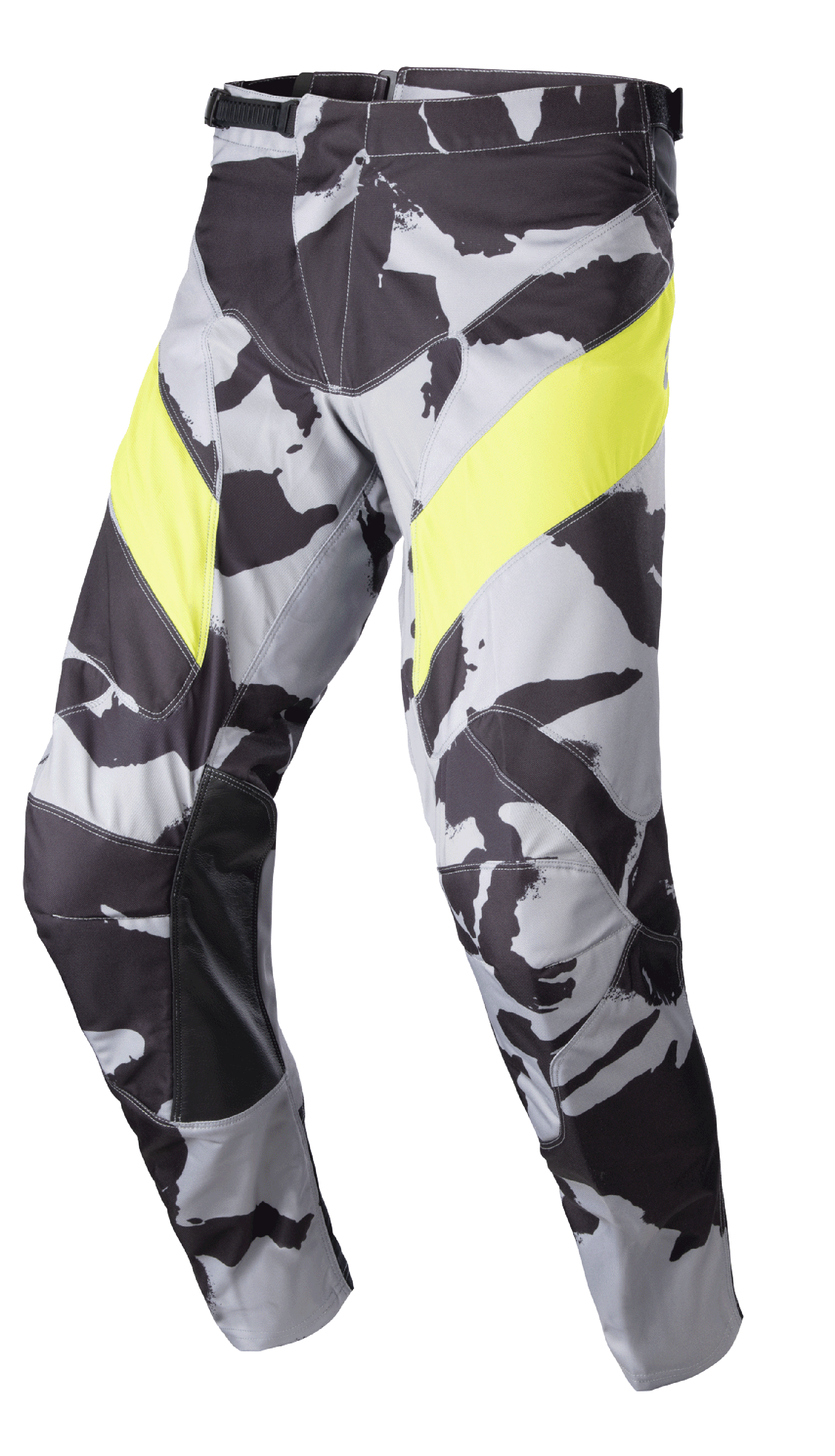 Alpinestars 2023 Racer Tactical Pants, motorcrossbroek, Cast Gray Camo en Yellow Fluo, met een grijs camouflagepatroon met opvallende gele dijbeenpanelen, zwart leren knieverstevigingen aan de binnenzijde en een ratelsluiting in de taille voor off-road racen
