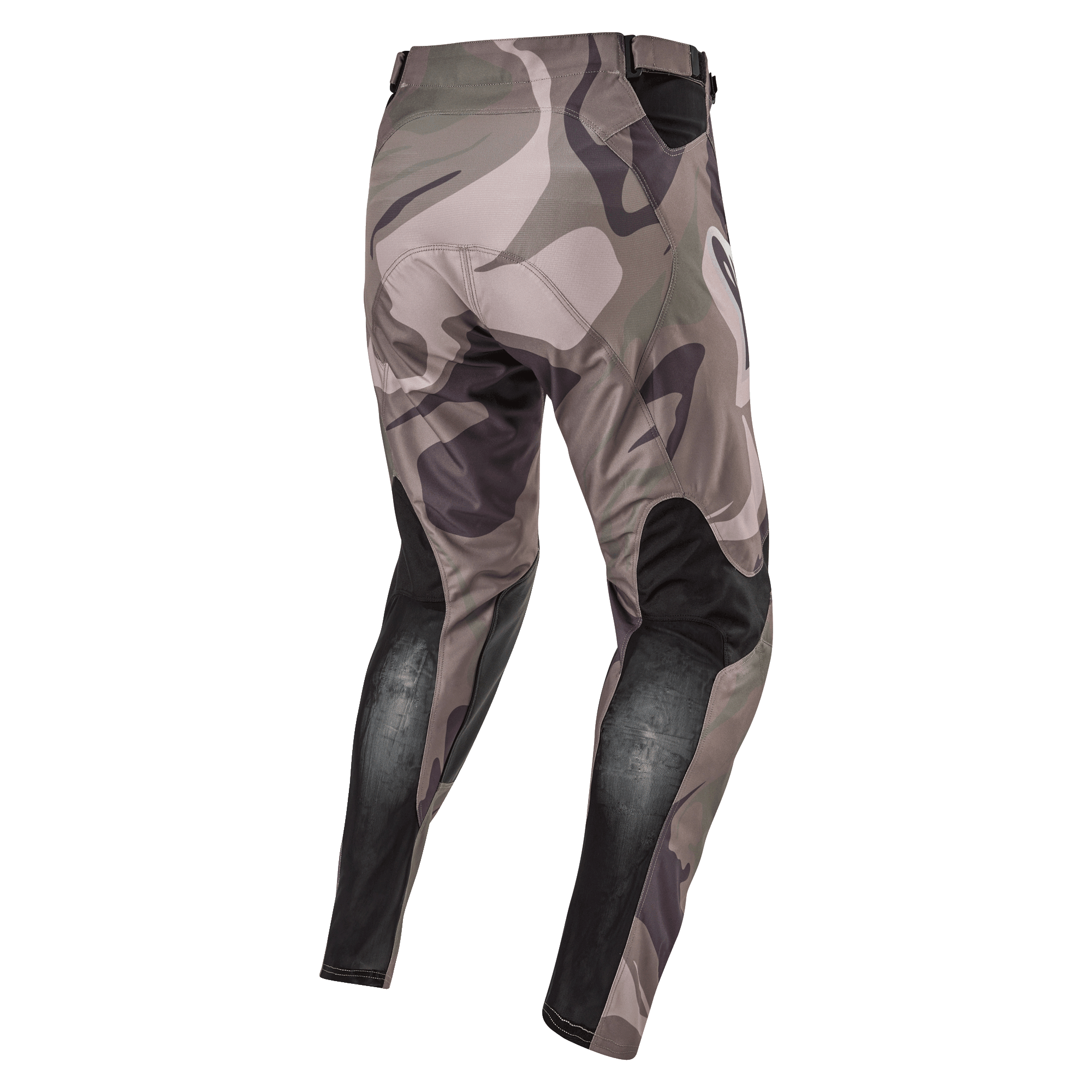 Alpinestars 2024 Racer Tactical broek, motorcrossbroek, Military Green Camo Brown, achteraanzicht met zwarte ademende stretchpanelen op de onderbenen en camouflage-ontwerp, duurzaam textiel voor off-road racen
