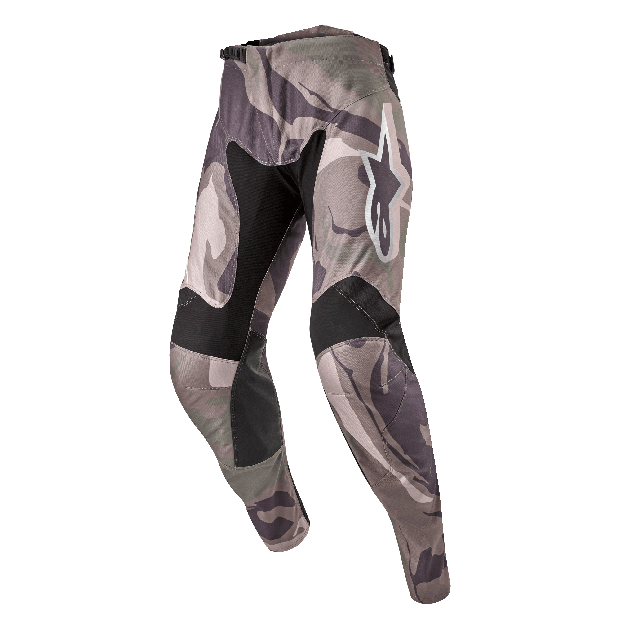 Alpinestars 2024 Racer Tactical crossbroek, motorcross broek, legergroen en bruin camouflagepatroon, voorzien van zwarte stretchpanelen op de binnenzijde van de dijen en knieën, wit Alpinestars-logo op de dij, ergonomisch voorgebogen ontwerp voor off-road racen