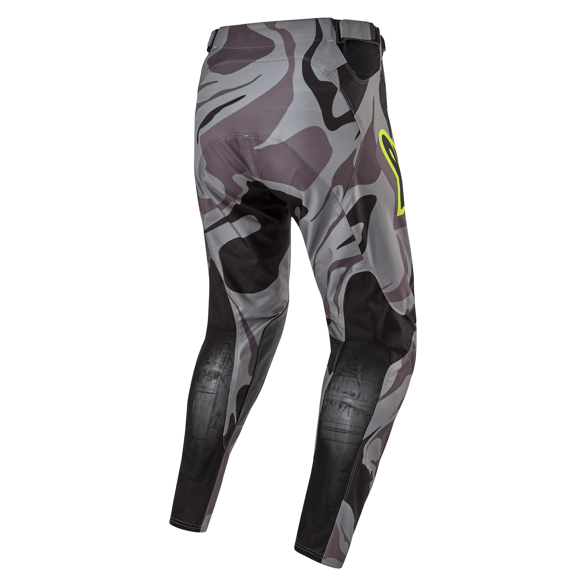 Alpinestars 2024 Racer Tactical broek, motorcross broek, Cast Gray Camo Magnet, achteraanzicht met grijs camouflagepatroon en zwarte versterkte panelen, geel logo-accent op de heup, technisch ripstop-materiaal voor off-road racing