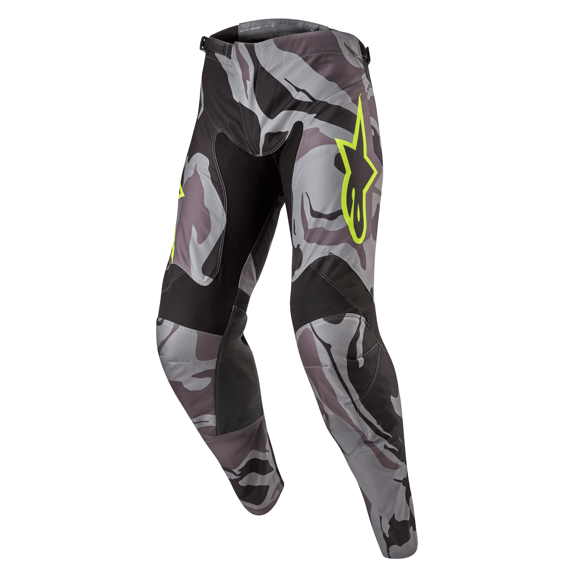 Alpinestars 2024 Racer Tactical broek, motorcrossbroek, Cast Gray Camo Magnet, grijs en zwart camouflagepatroon met neongeel Alpinestars-logo, zwarte panelen aan de binnenkant van de dijen en knieën, voorgevormde sportieve pasvorm voor off-road racen