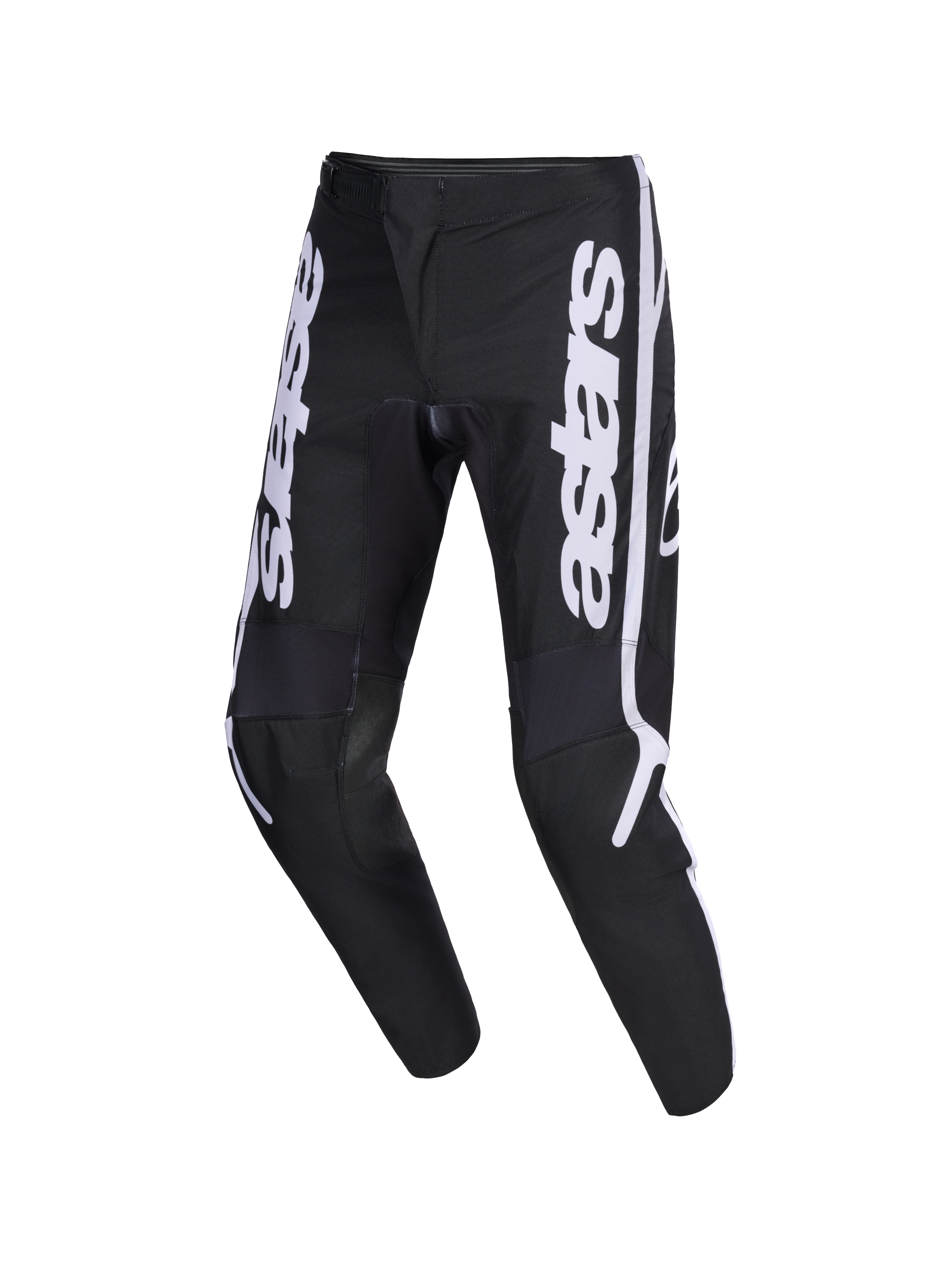 Alpinestars 2026 Fluid Apex Pants, Motocross Pants, Black and Gray, featuring white vertical astars logo on the legs, ergonomic pre-curved sport-fit design, durable 600D polyfabric construction for off-road riding