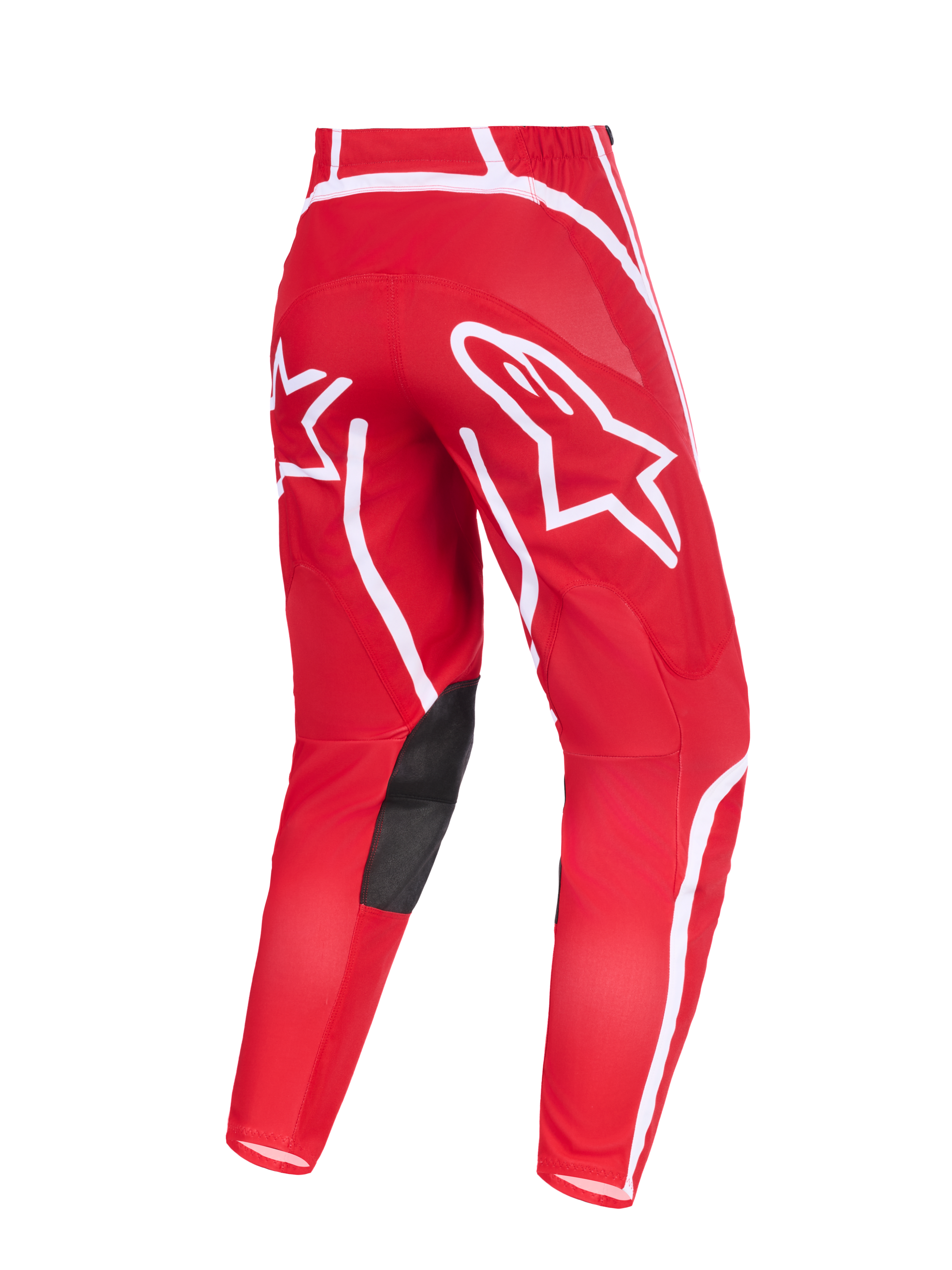 Alpinestars 2026 Fluid Apex Pants, Motocross Pants, Red and White, rear view featuring prominent white star logos on the seat, black synthetic leather inner knee patches, and ergonomic pre-curved design for off-road riding.