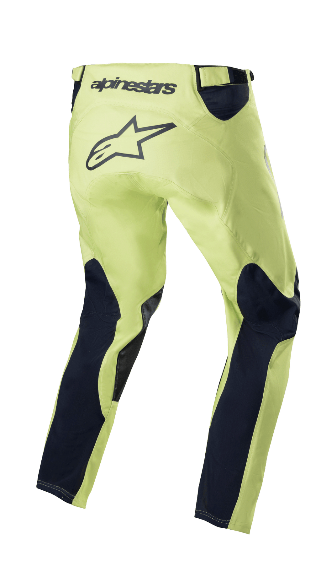 Alpinestars 2023 Racer Hoen broek, motorcross broek, Fluorite Green en Night Navy, achteraanzicht met neongroen chassis en marineblauwe beenpanelen, groot zwart sterlogo op het zitvlak, ergonomisch voorgevormd ontwerp voor off-road racing