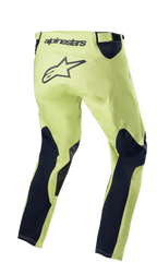 Alpinestars 2023 Racer Hoen broek, motorcross broek, Fluorite Green en Night Navy, achteraanzicht met neongroen chassis en marineblauwe beenpanelen, groot zwart sterlogo op het zitvlak, ergonomisch voorgevormd ontwerp voor off-road racing