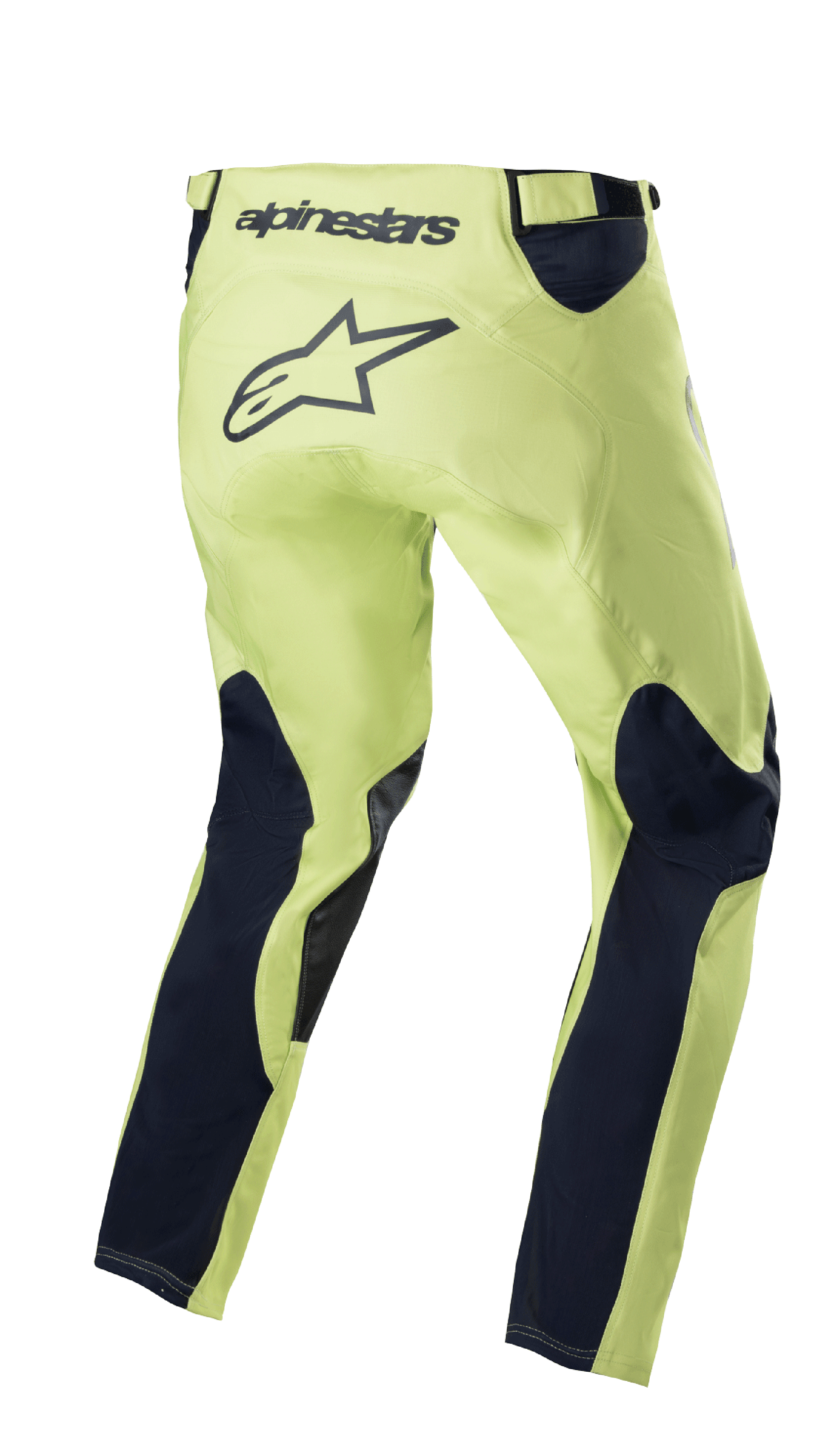 Alpinestars 2023 Racer Hoen broek, motorcross broek, Fluorite Green en Night Navy, achteraanzicht met neongroen chassis en marineblauwe beenpanelen, groot zwart sterlogo op het zitvlak, ergonomisch voorgevormd ontwerp voor off-road racing