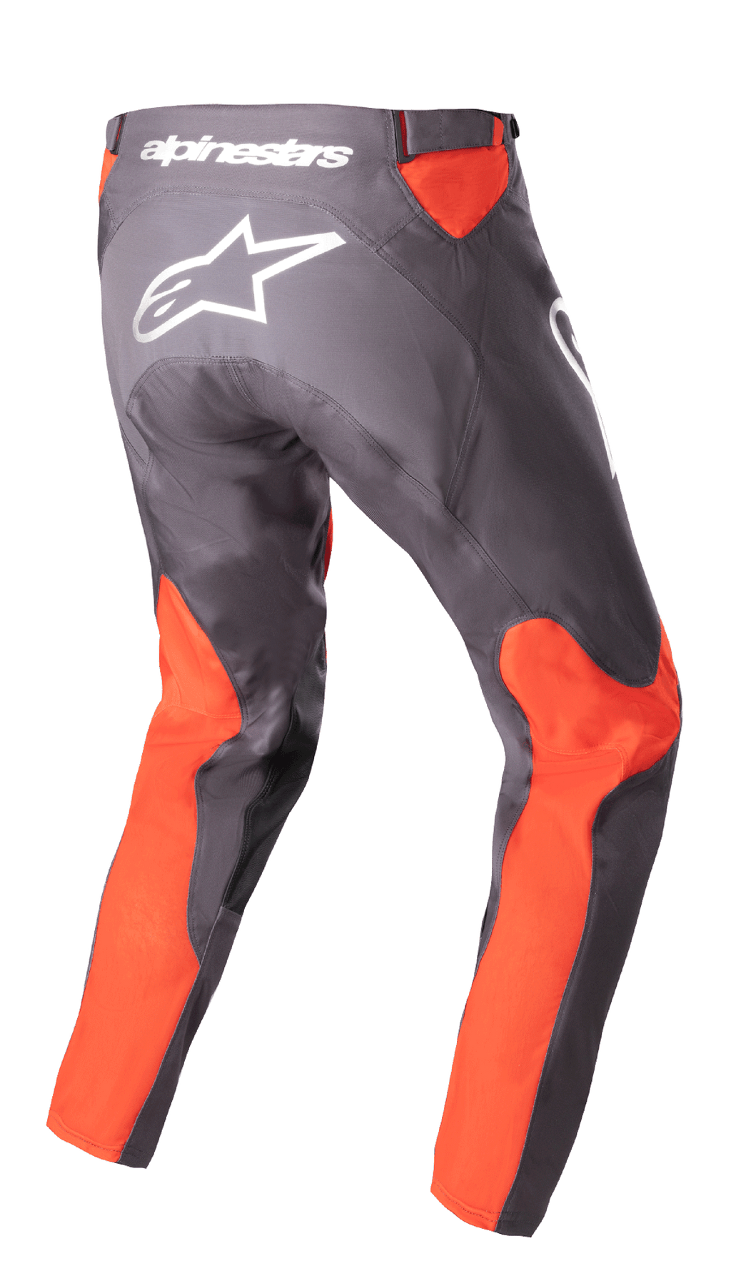 Alpinestars Racer Hoen broek 2023, motorcrossbroek, Magnet Hot Orange, achteraanzicht met wit Alpinestars-logo en woordmerk op de achterkant, feloranje panelen op de benen en taille, duurzame 600D poly-stof constructie voor off-road rijden