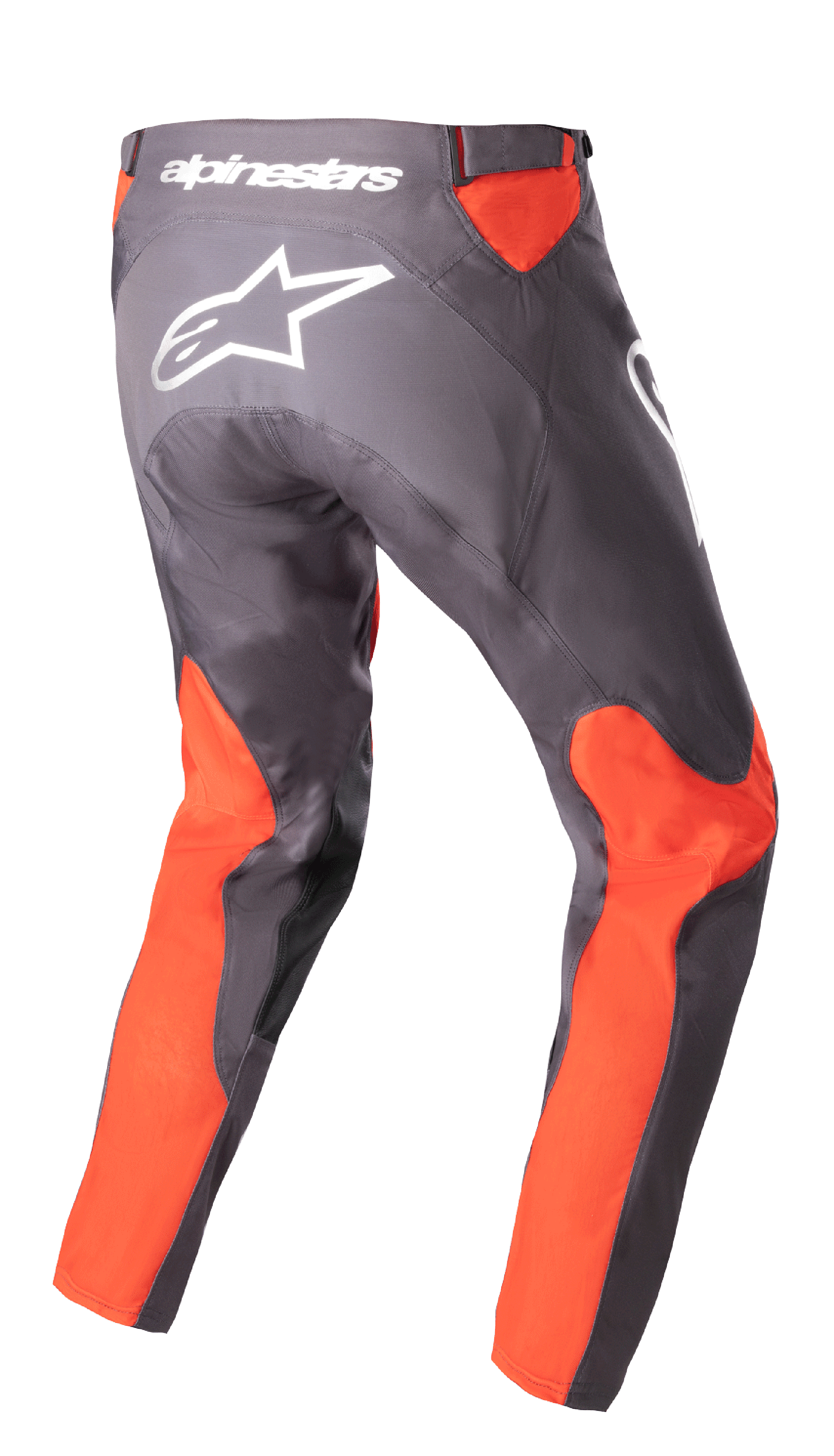 Alpinestars Racer Hoen broek 2023, motorcrossbroek, Magnet Hot Orange, achteraanzicht met wit Alpinestars-logo en woordmerk op de achterkant, feloranje panelen op de benen en taille, duurzame 600D poly-stof constructie voor off-road rijden