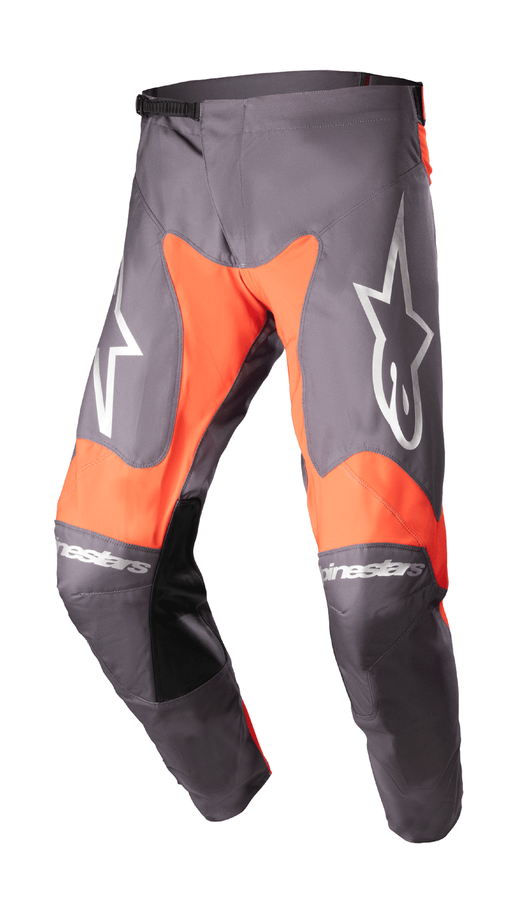 Alpinestars 2023 Racer Hoen broek, motorcrossbroek, Magnet en Hot Orange, grote witte sterlogo's op de dijen, zwarte leren panelen aan de binnenkant van de knieën, ratelsluiting in de taille, duurzame constructie voor off-road racen