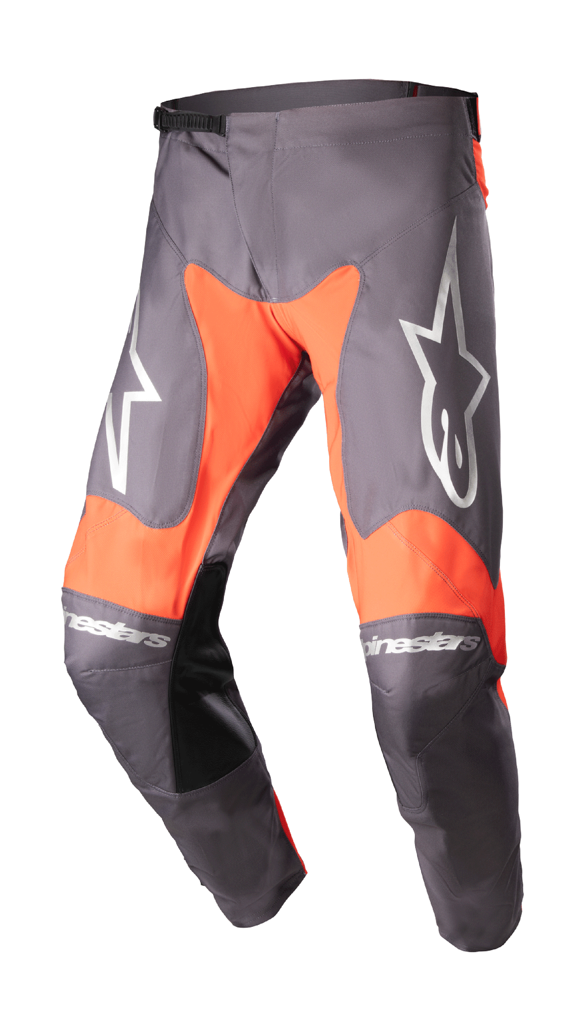 Alpinestars 2023 Racer Hoen broek, motorcrossbroek, Magnet en Hot Orange, grote witte sterlogo's op de dijen, zwarte leren panelen aan de binnenkant van de knieën, ratelsluiting in de taille, duurzame constructie voor off-road racen