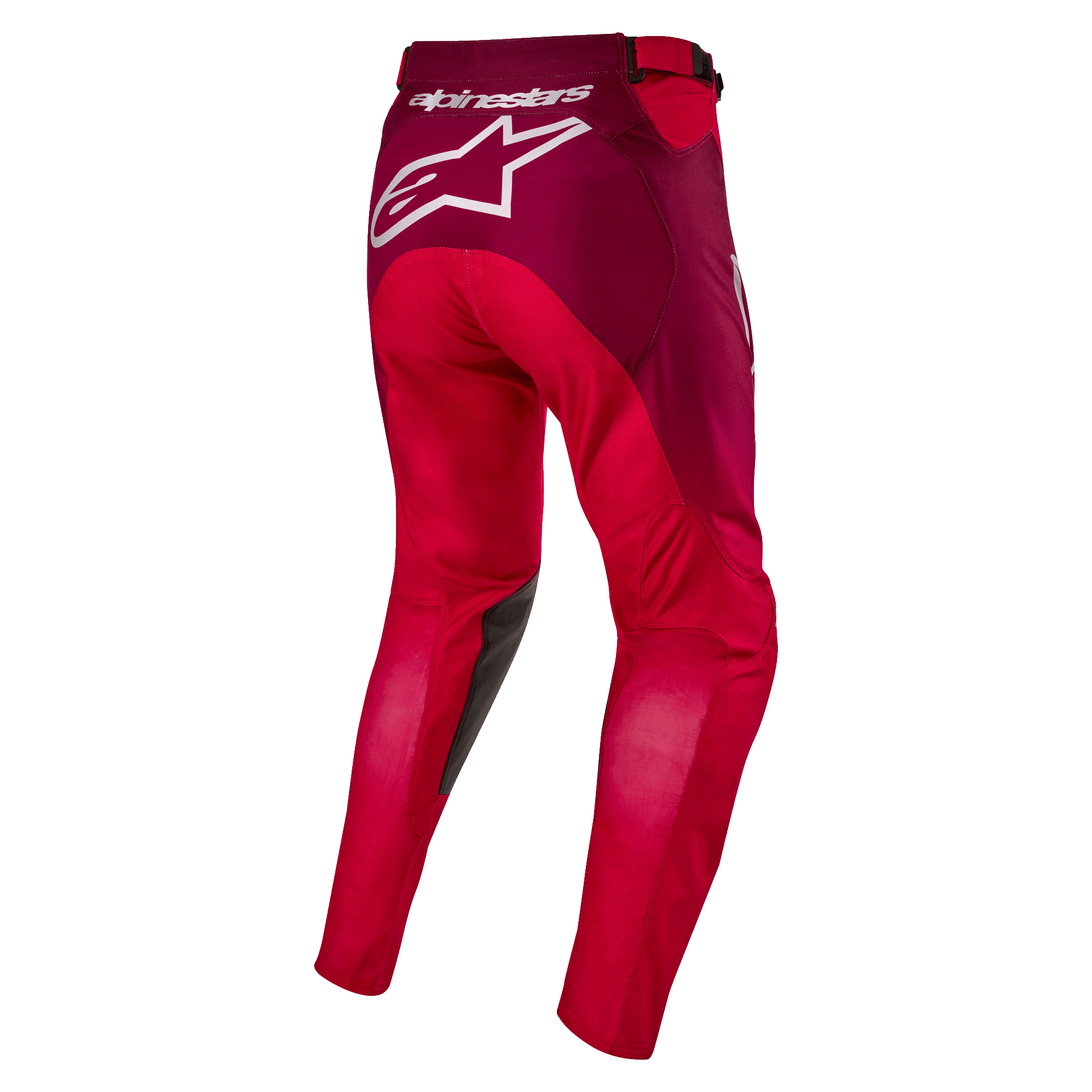 Alpinestars 2024 Racer Hoen broek, motorcrossbroek, Mars Red en Burgundy, achteraanzicht met groot wit Alpinestars-logo op het zitvlak, ergonomische voorgevormde beenconstructie, duurzaam textielmateriaal voor off-road racen