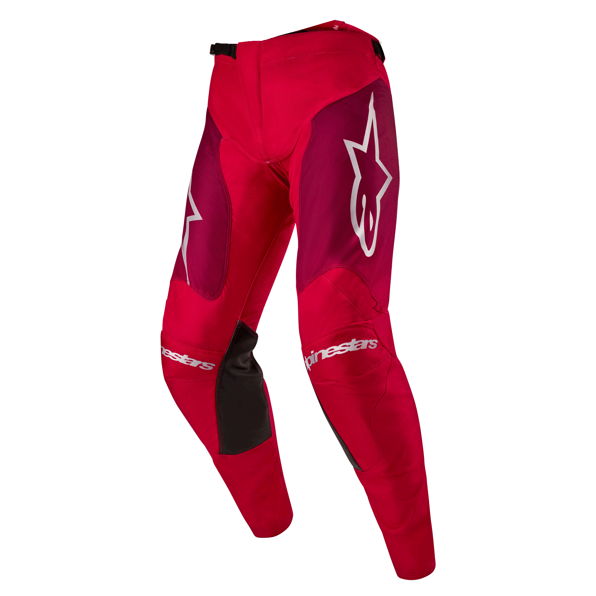 Alpinestars 2024 Racer Hoen broek, motorcrossbroek, Mars Red Burgundy, met bordeauxrode dijbeenpanelen en witte Alpinestars-logo's op de knieën en heupen, zwarte gripvlakken aan de binnenzijde van de knieën, sportief voorgevormd ontwerp voor off-road prestaties