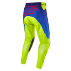 Alpinestars 2024 Racer Hoen broek, motorcrossbroek, neongeel en donkerblauw, achteraanzicht met groot rood Alpinestars sterlogo, donkere lederen kniestukken aan de binnenzijde, duurzame technische stof voor off-road racing
