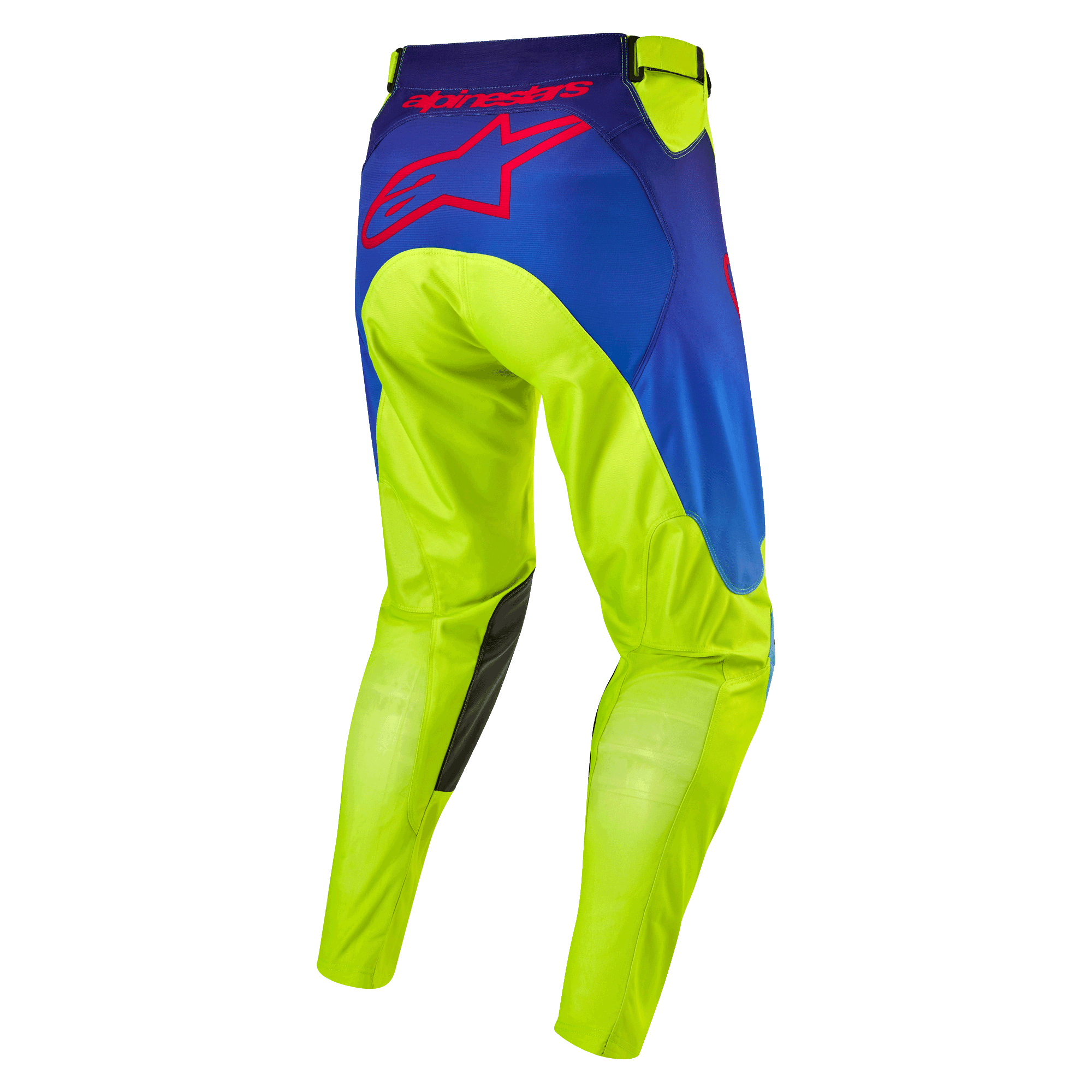 Alpinestars 2024 Racer Hoen broek, motorcrossbroek, neongeel en donkerblauw, achteraanzicht met groot rood Alpinestars sterlogo, donkere lederen kniestukken aan de binnenzijde, duurzame technische stof voor off-road racing