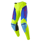 Alpinestars 2024 Racer Hoen crossbroek, motorcross broek, fluor geel en Blue Night Navy, met rode sterlogo's op de dijen, lichtblauwe kniepanelen met zwarte lederen binnenverstevigingen, sportieve voorgevormde constructie voor off-road racen