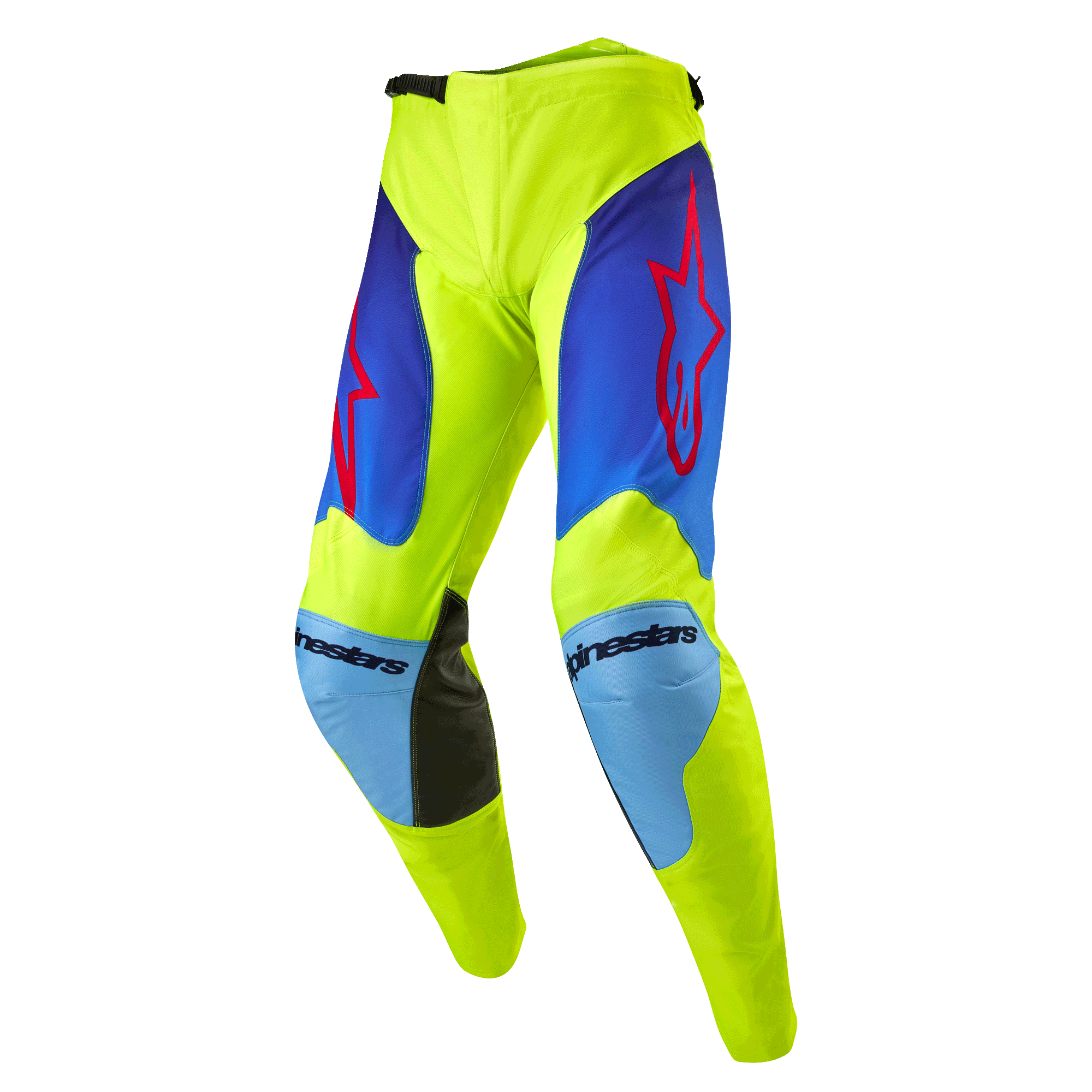 Alpinestars 2024 Racer Hoen crossbroek, motorcross broek, fluor geel en Blue Night Navy, met rode sterlogo's op de dijen, lichtblauwe kniepanelen met zwarte lederen binnenverstevigingen, sportieve voorgevormde constructie voor off-road racen