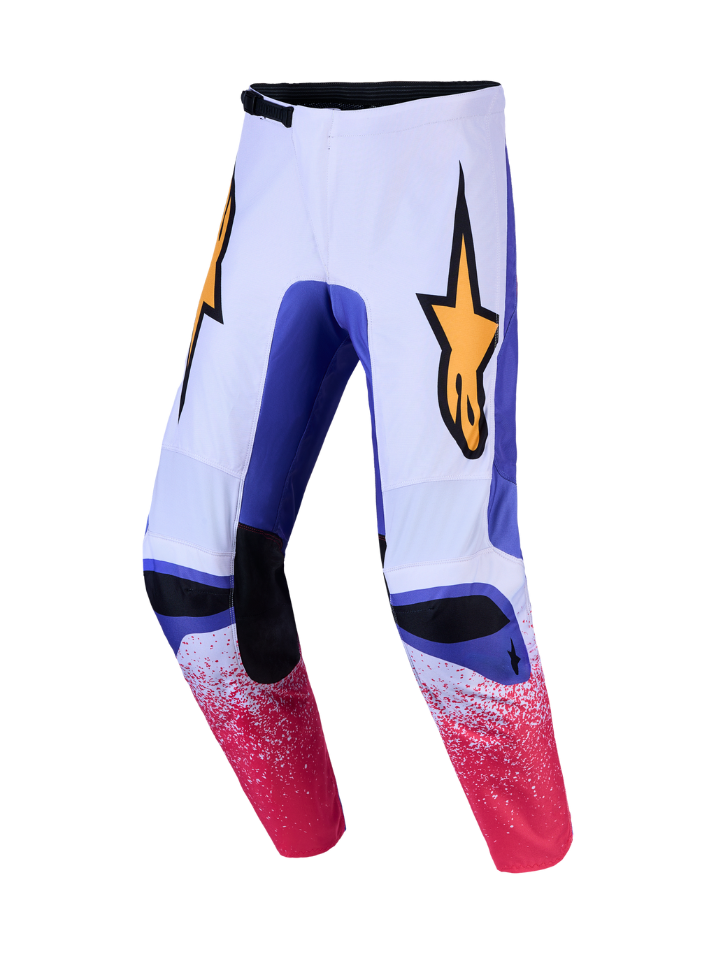 Alpinestars Fluid Drag broek, heren motocrossbroek in licht lila en blauw met gouden logo's en voorgevormde constructie.