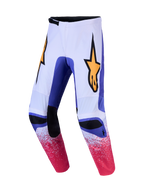 Alpinestars Fluid Drag broek, heren motocrossbroek in licht lila en blauw met gouden logo's en voorgevormde constructie.
