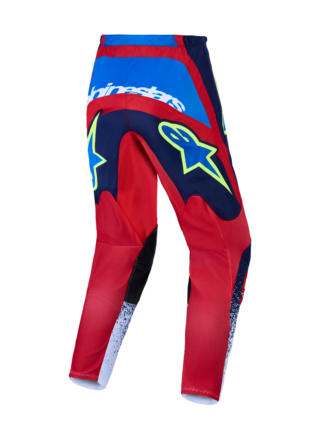 Alpinestars Fluid Drag broek, motocrossbroek voor heren, donkerblauw en felrood met witte en gele accenten, achteraanzicht.