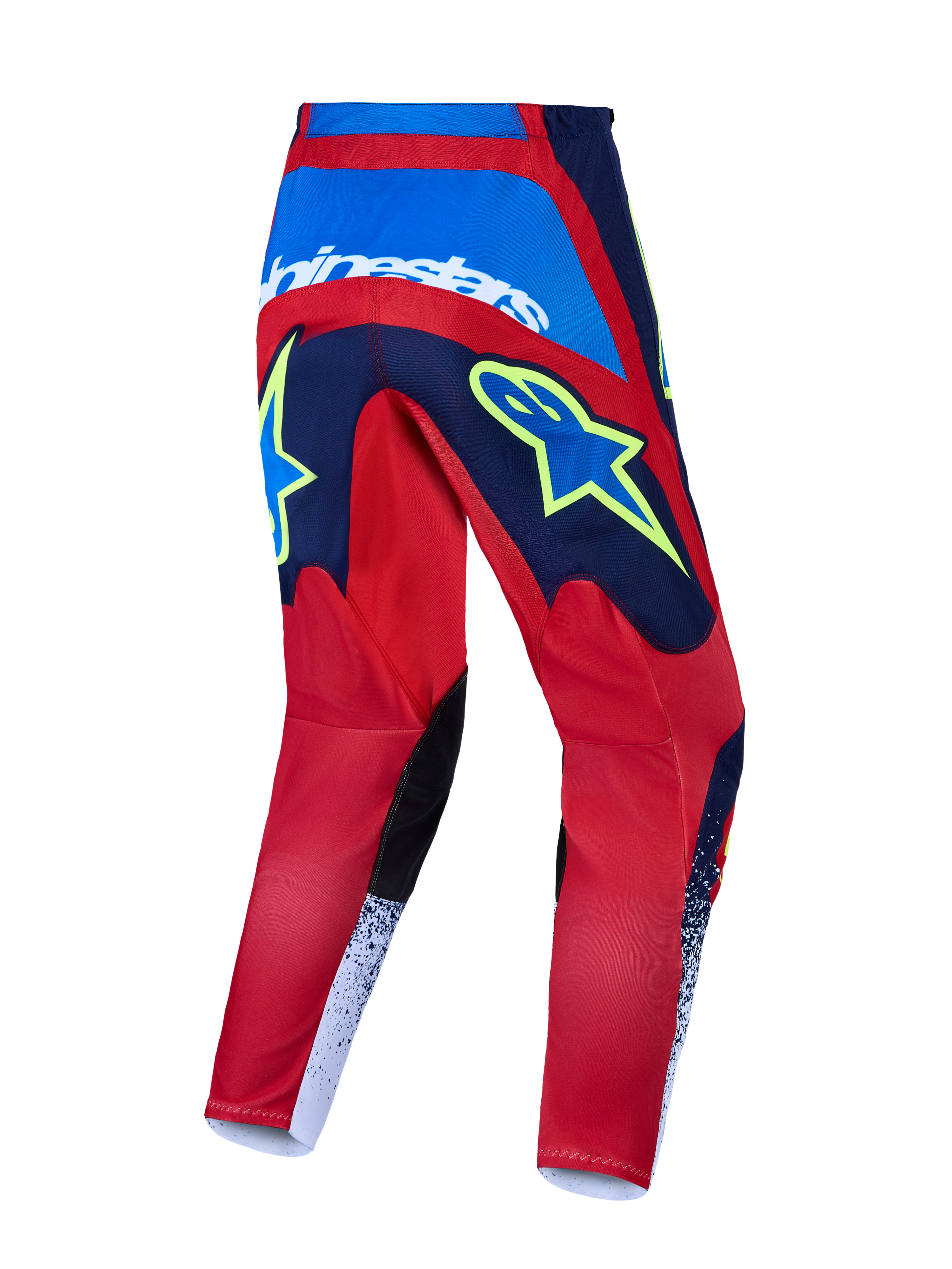 Alpinestars Fluid Drag broek, motocrossbroek voor heren, donkerblauw en felrood met witte en gele accenten, achteraanzicht.