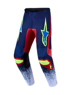 Alpinestars 2027 Fluid Drag Motocross Pants in Navy Blue and Red with protective polyfabric and neon yellow accents.