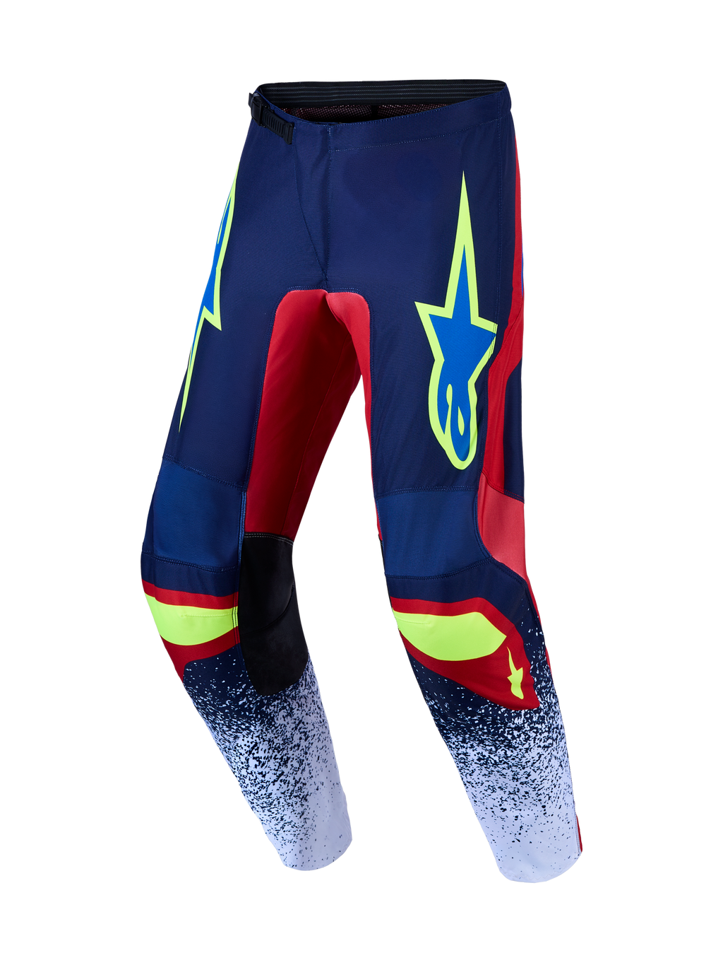 Alpinestars Fluid Drag Broek, herenmotorcrossbroek, blauw navy en rood, duurzame 600D polystof en voorgevormde benen.