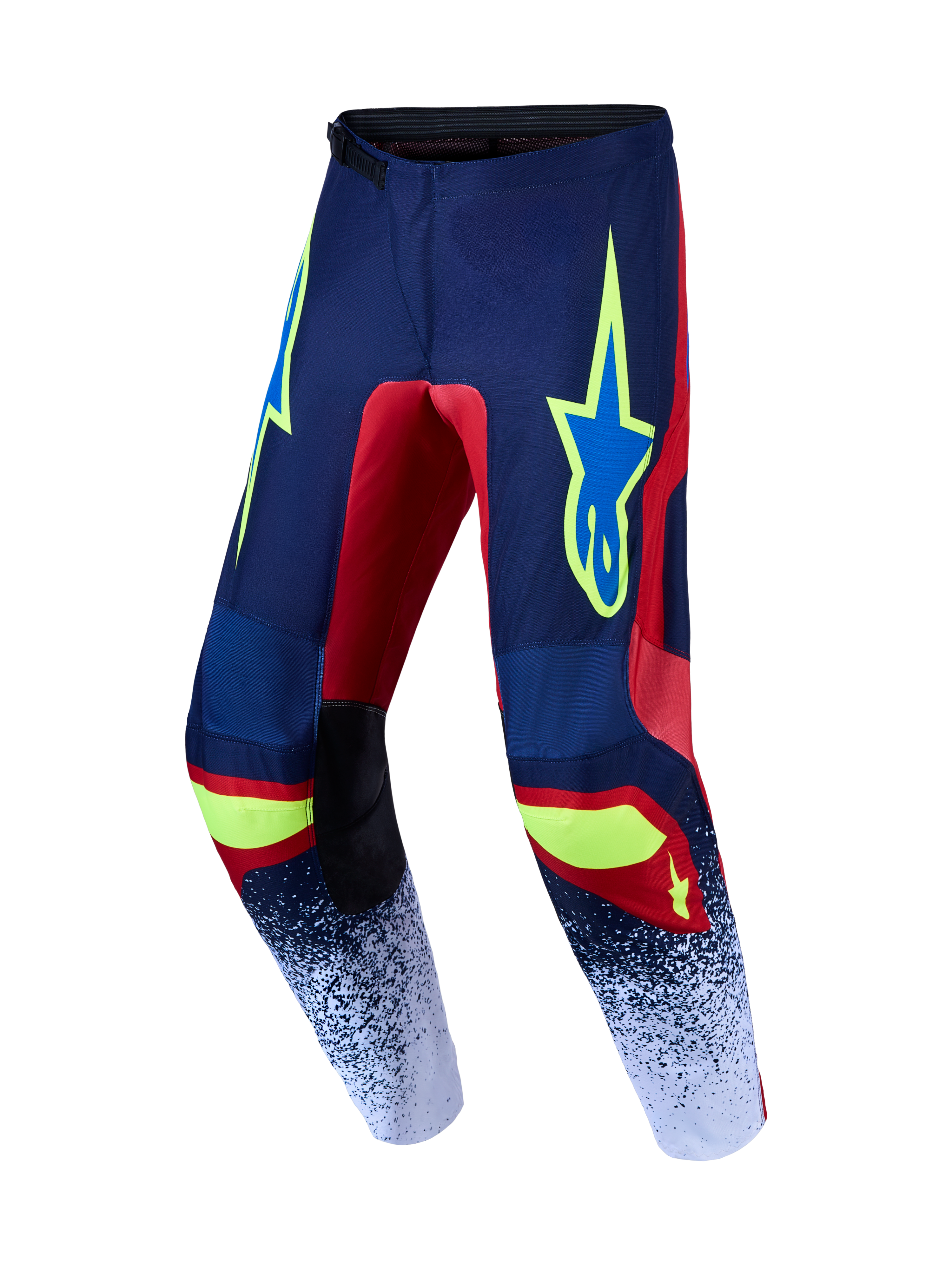 Alpinestars Fluid Drag Broek, herenmotorcrossbroek, blauw navy en rood, duurzame 600D polystof en voorgevormde benen.