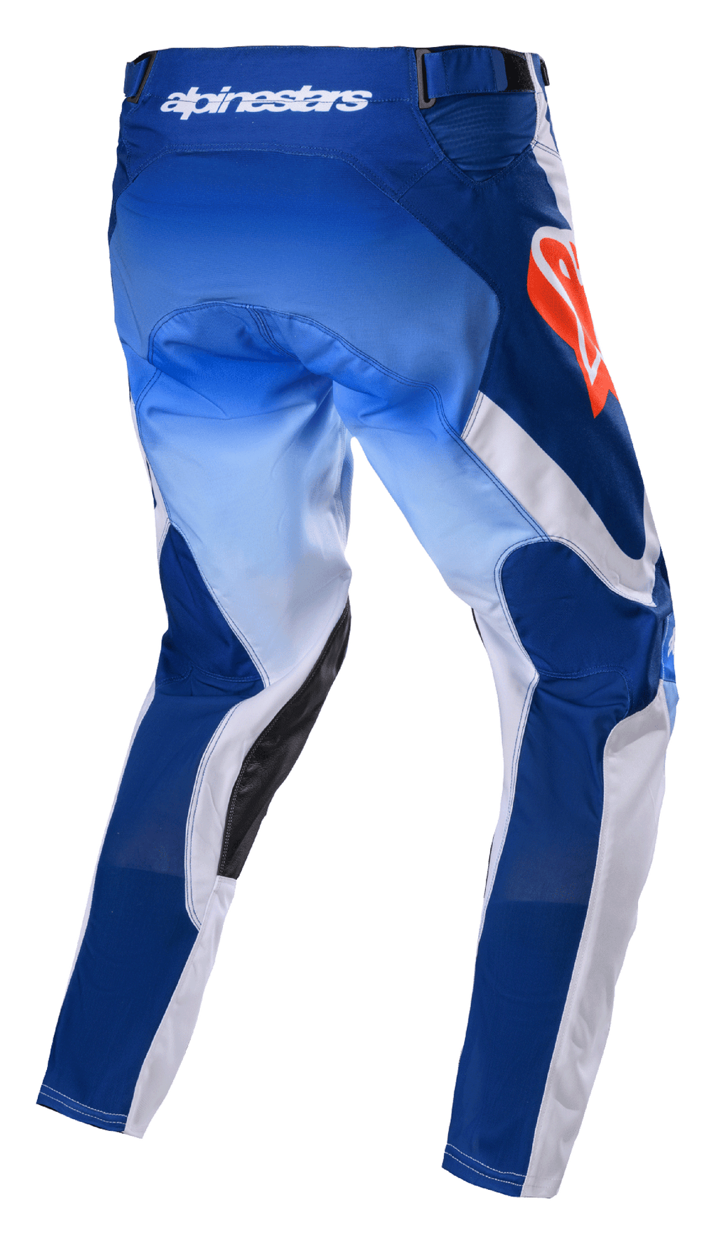 Alpinestars 2023 Racer Semi Pants, motorcross broek, Blue Hot Orange, achteraanzicht met blauw kleurverloop en witte panelen, fel oranje Alpinestars-logo op de heup, zwarte lederen binnenbeenverstevigingen, technisch ontwerp voor off-road racing