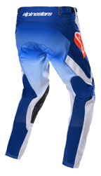 Alpinestars 2023 Racer Semi Pants, motorcross broek, Blue Hot Orange, achteraanzicht met blauw kleurverloop en witte panelen, fel oranje Alpinestars-logo op de heup, zwarte lederen binnenbeenverstevigingen, technisch ontwerp voor off-road racing
